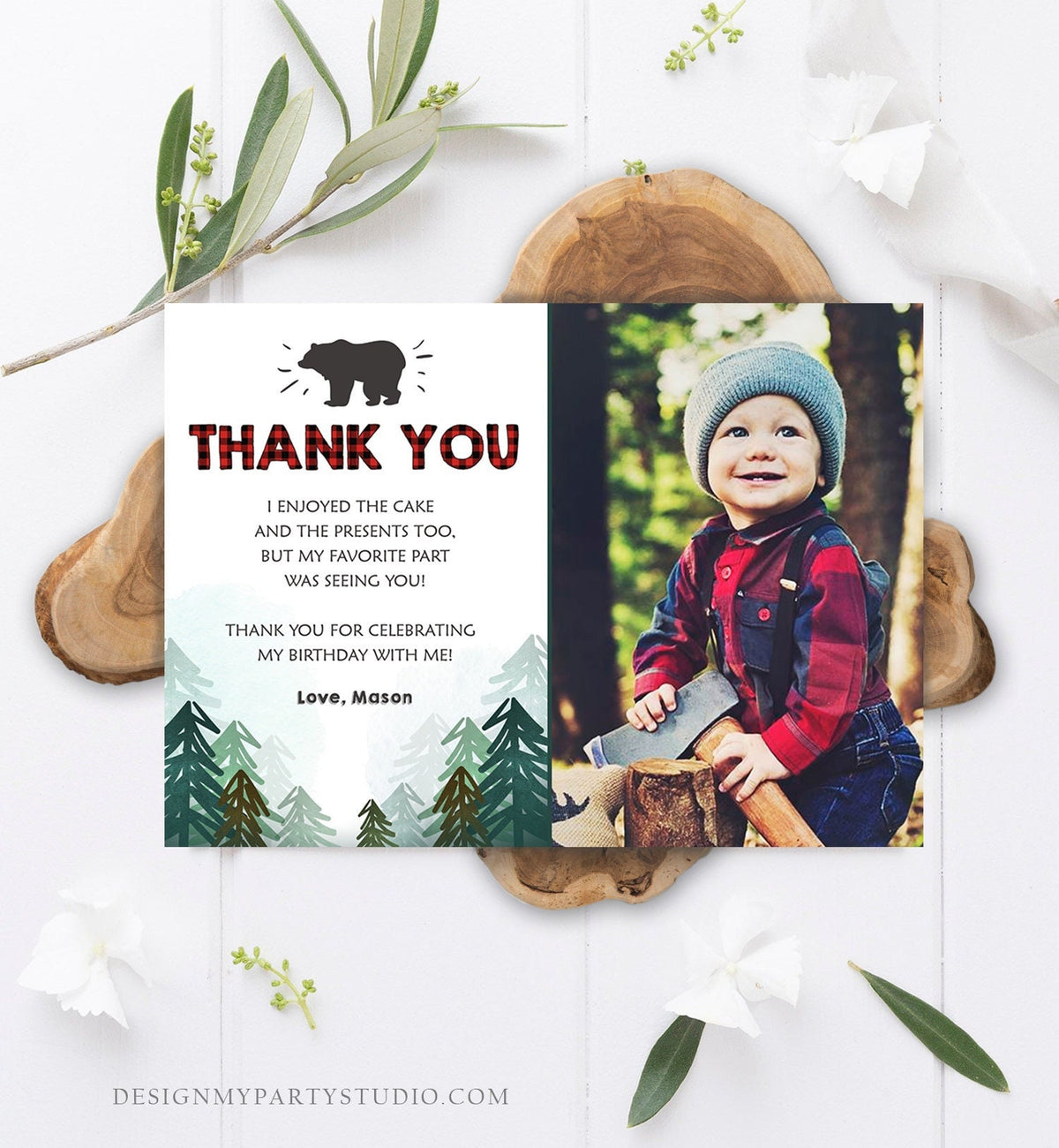 Editable Lumberjack Thank You Card Birthday Rustic Wild One Bear Forest Buffalo Plaid Trees Digital Download Template Printable 0377