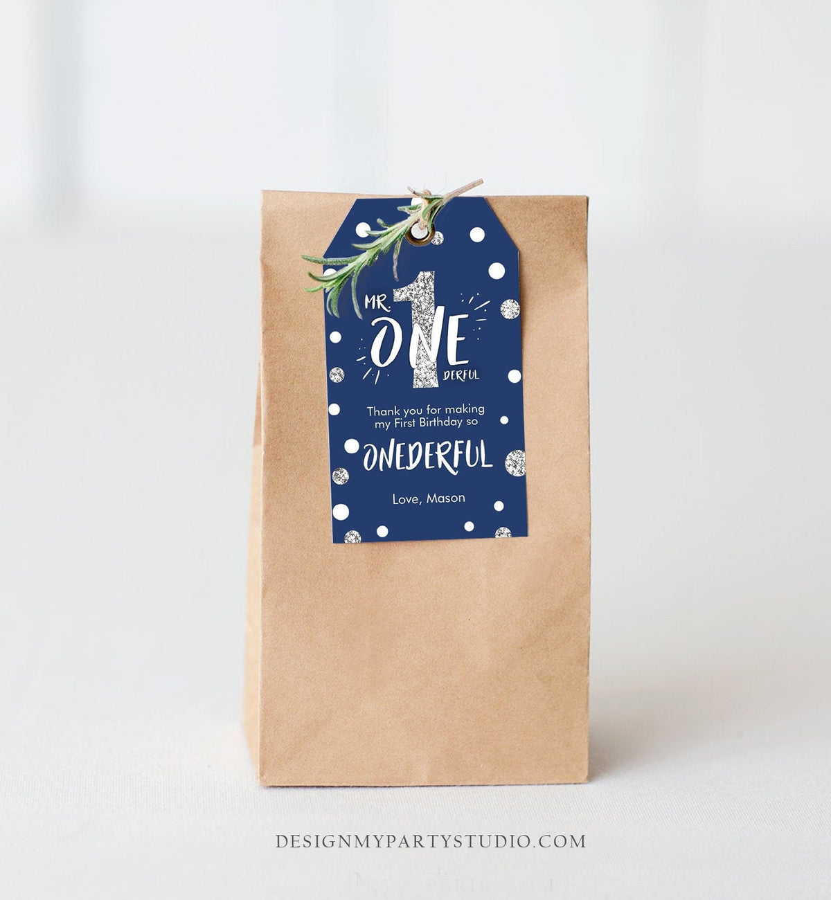 Editable Mr Onederful Favor Tag Birthday Thank You Navy Blue Silver Bow Boy 1st First Birthday Digital Download Template Printable 0072