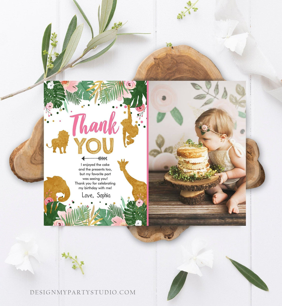 Editable Thank You Card Safari Animals Wild One Thank You Note Black Photo Girl Pink Gold Jungle Zoo Animals Digital Template Printable 0016
