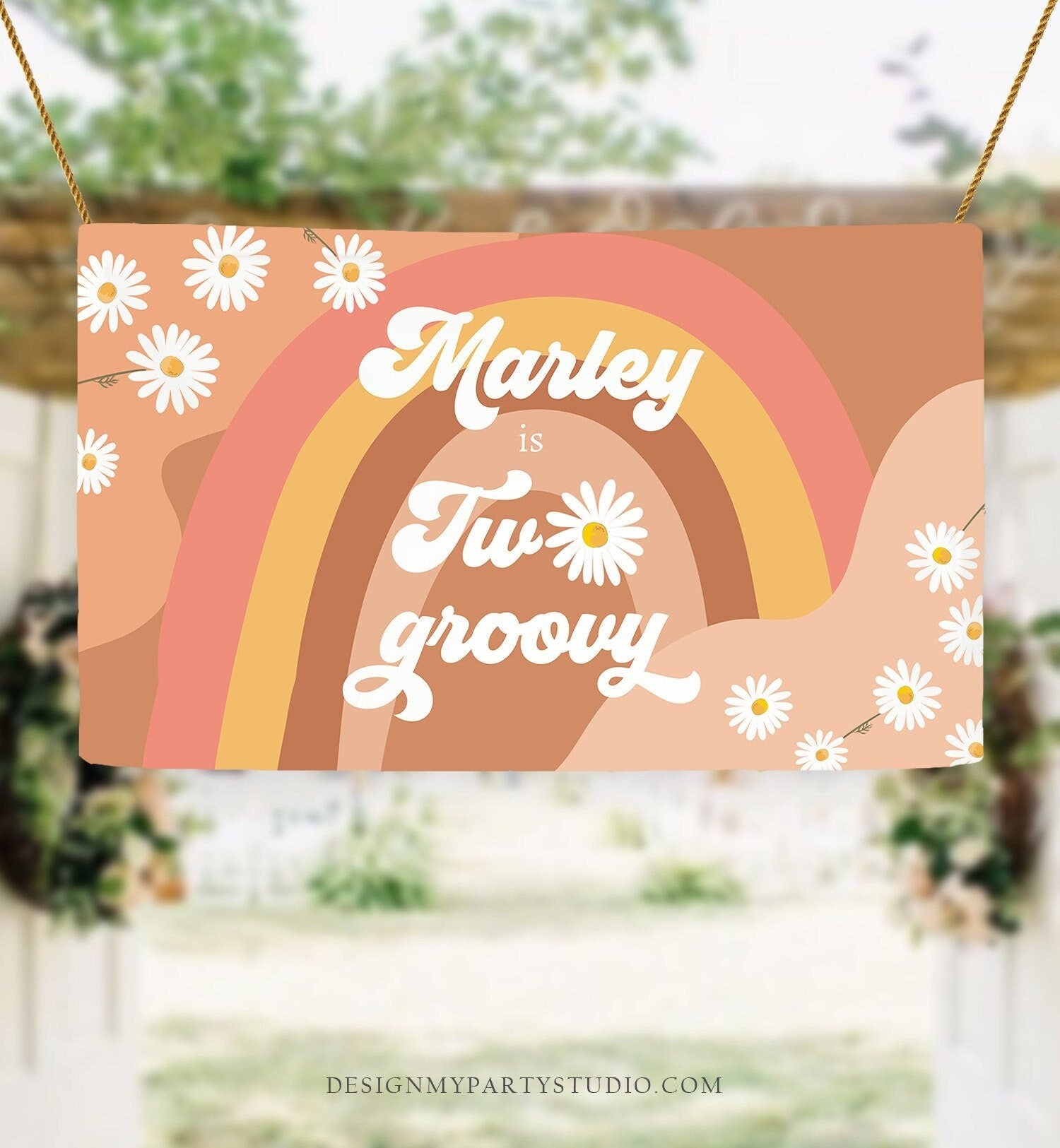 Editable Groovy Birthday Backdrop Two Groovy Girl Retro Daisy Party Decor Festival Flower Power Boho Digital Template Printable 0428