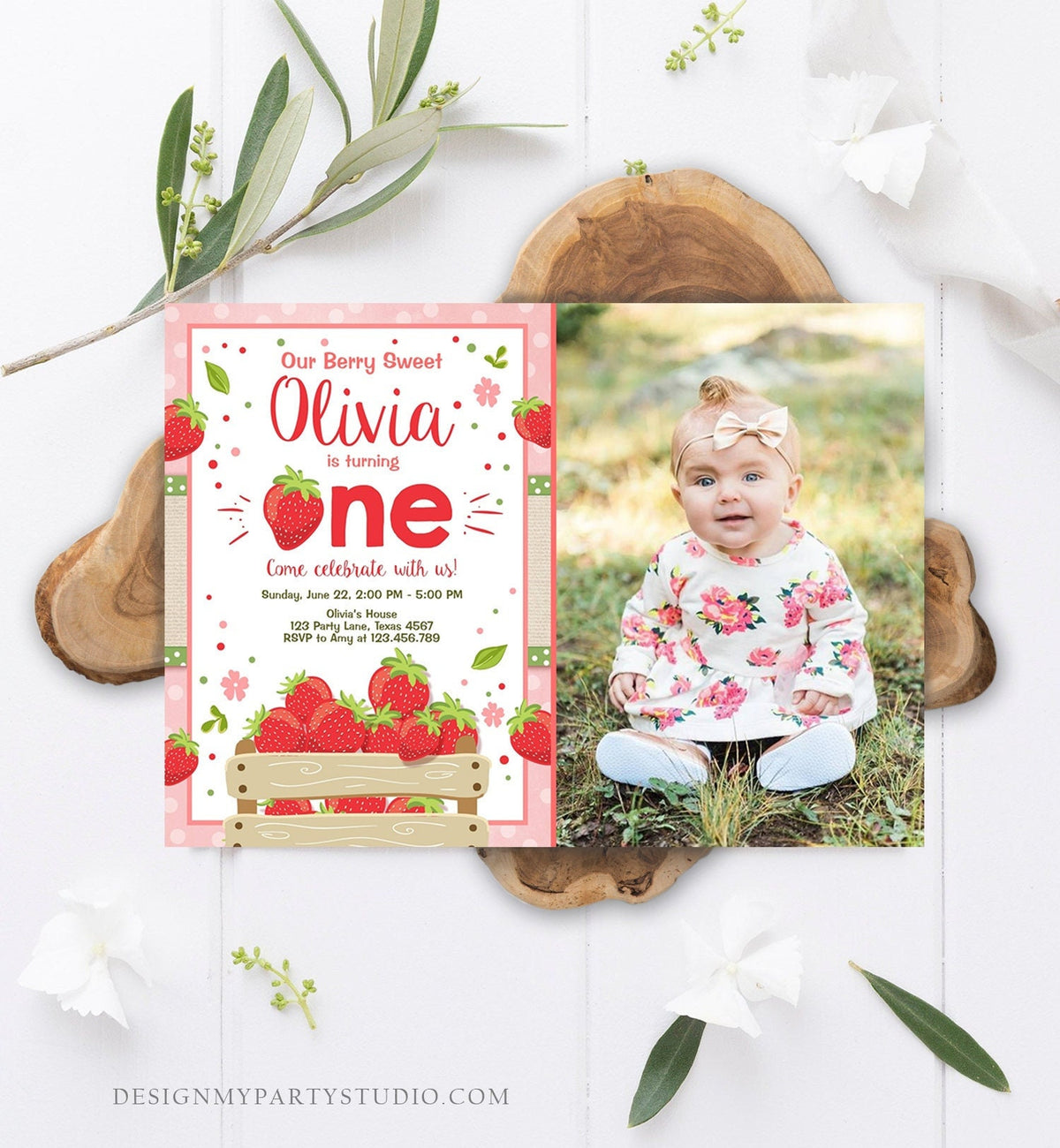 Editable Strawberry Birthday Invitation Girl First Birthday Berry Sweet Strawberries Pink Digital Download Evite Template Printable 0091