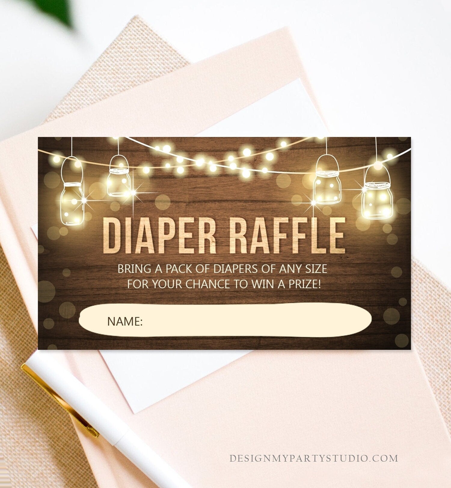 Editable Rustic Wood Diaper Raffle Ticket Baby Shower Insert Card Gender Neutral String Lights Autumn Fall Digital Template Printable 0015
