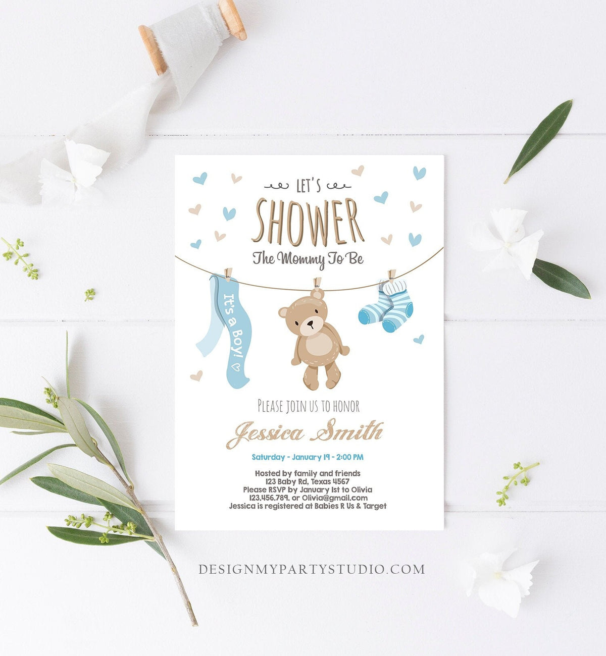 Editable Baby Shower Invitation Boy Teddy Bear Cute Baby Boy Blue Bear Little Cub Clothes Digital Download Evite Template Printable 0025