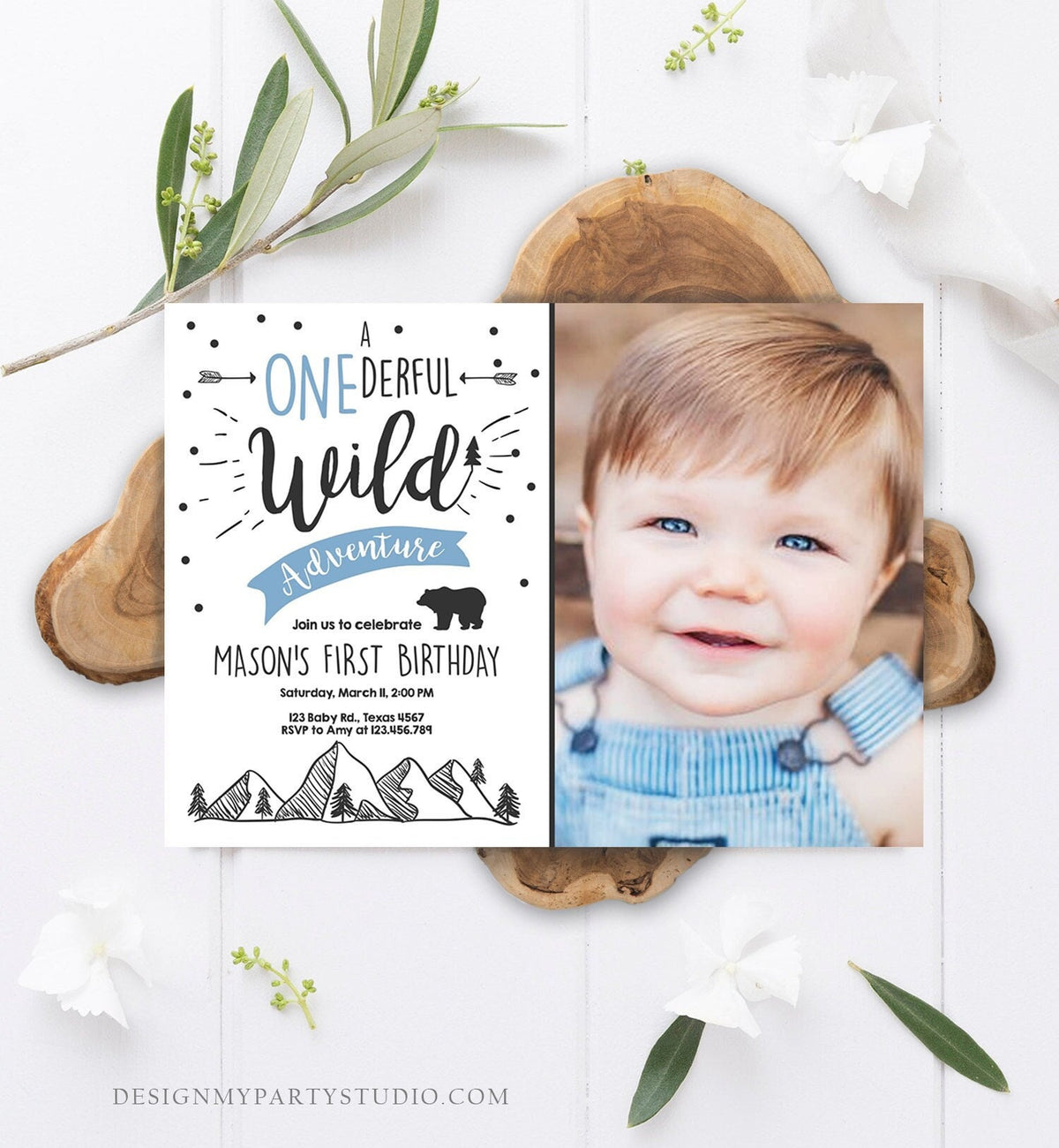 Editable A Onederful Wild Adventure First Birthday Invitation Wild Things Boy Bear Outdoor 1st Blue Photo Digital Template Printable 0083