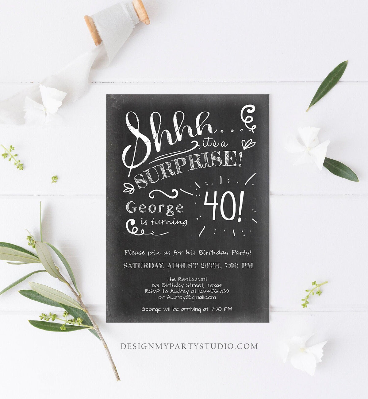Editable 40th Surprise Birthday Invitation ANY AGE Rustic Adult Forty Vintage Party Shhh Digital Download Evite Template Printable 0102