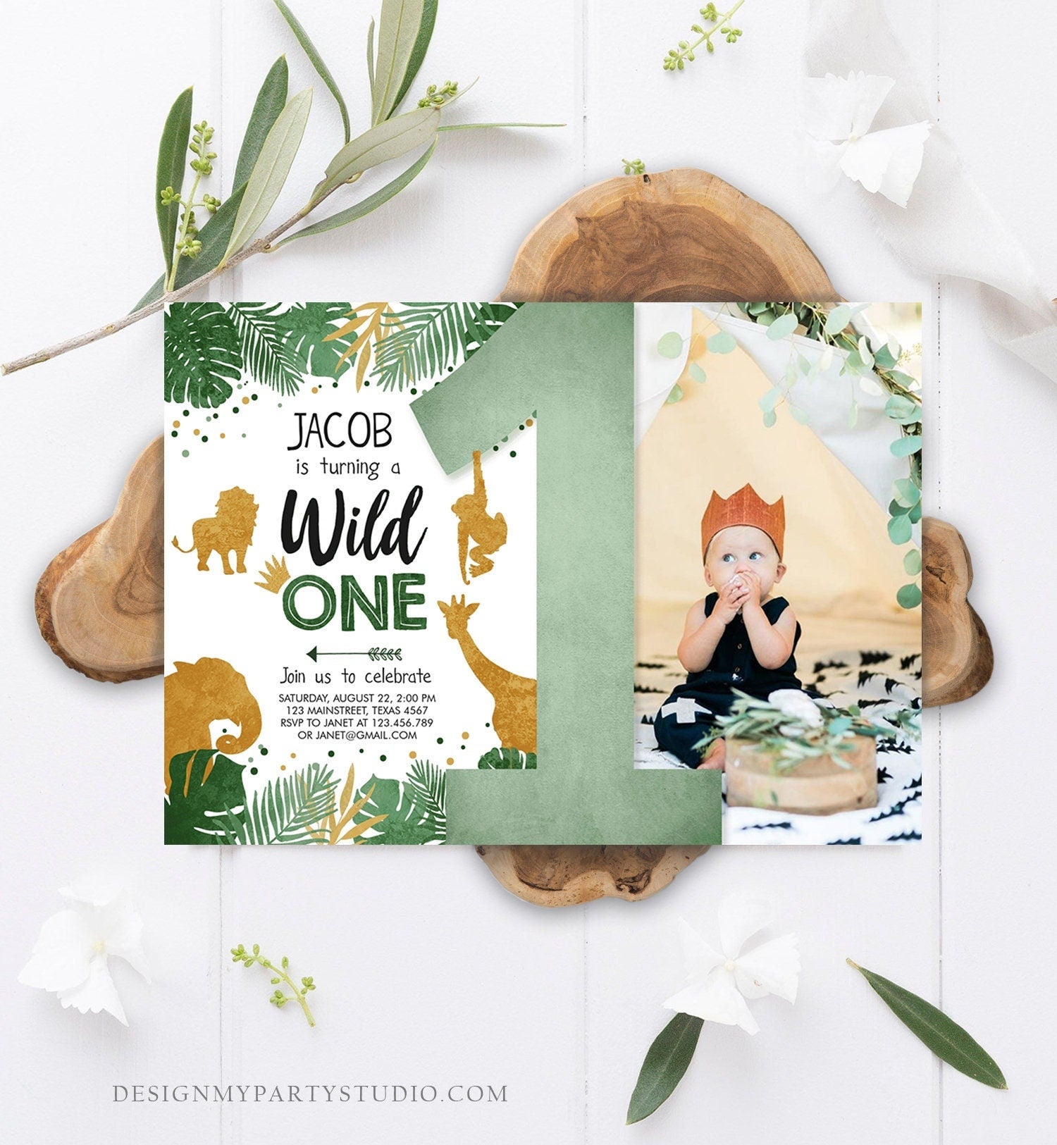 Editable Wild One Birthday Invitation Safari Animals Green Gold Jungle Zoo Party Animals First Birthday 1st Digital Template Printable 0016