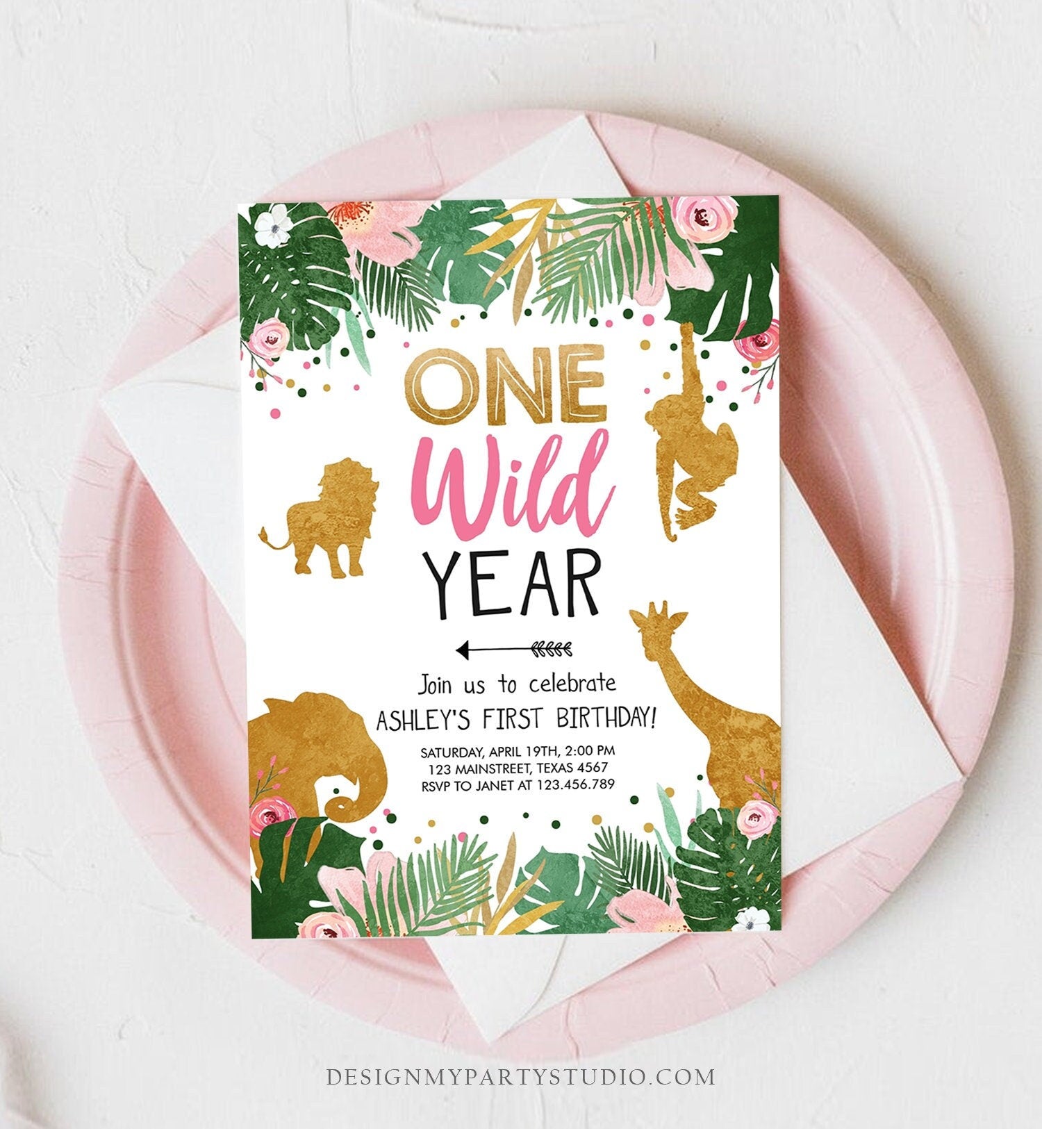 Editable One Wild Year Birthday Invitation Safari Animals Wild One Pink First Birthday Party Animals Digital Template Printable 0016