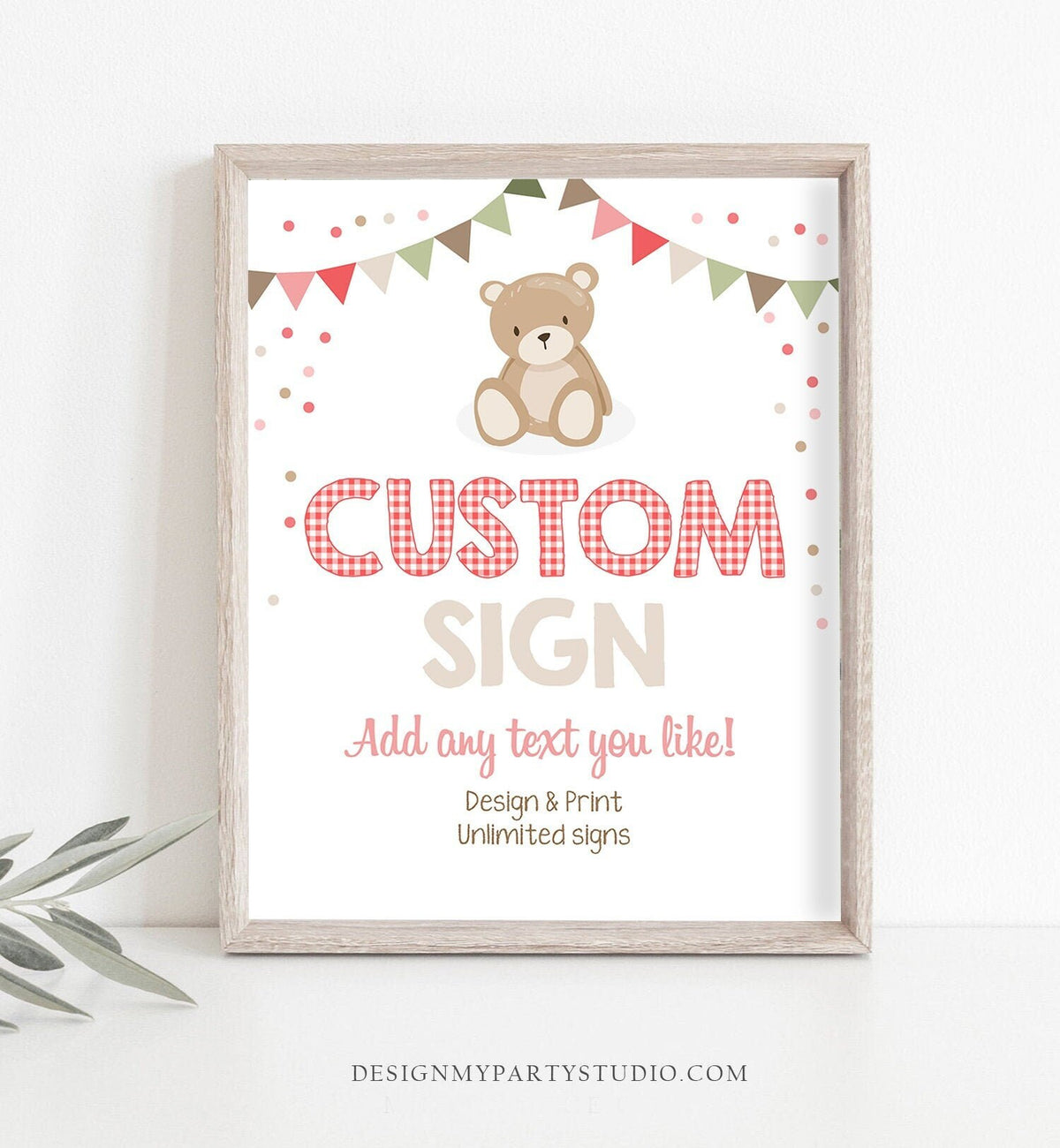 Editable Custom Sign Teddy Bear Picnic Birthday Baby Shower Girl Pink Red Gingham Summer Outdoor Bear Digital Template Printable 0100