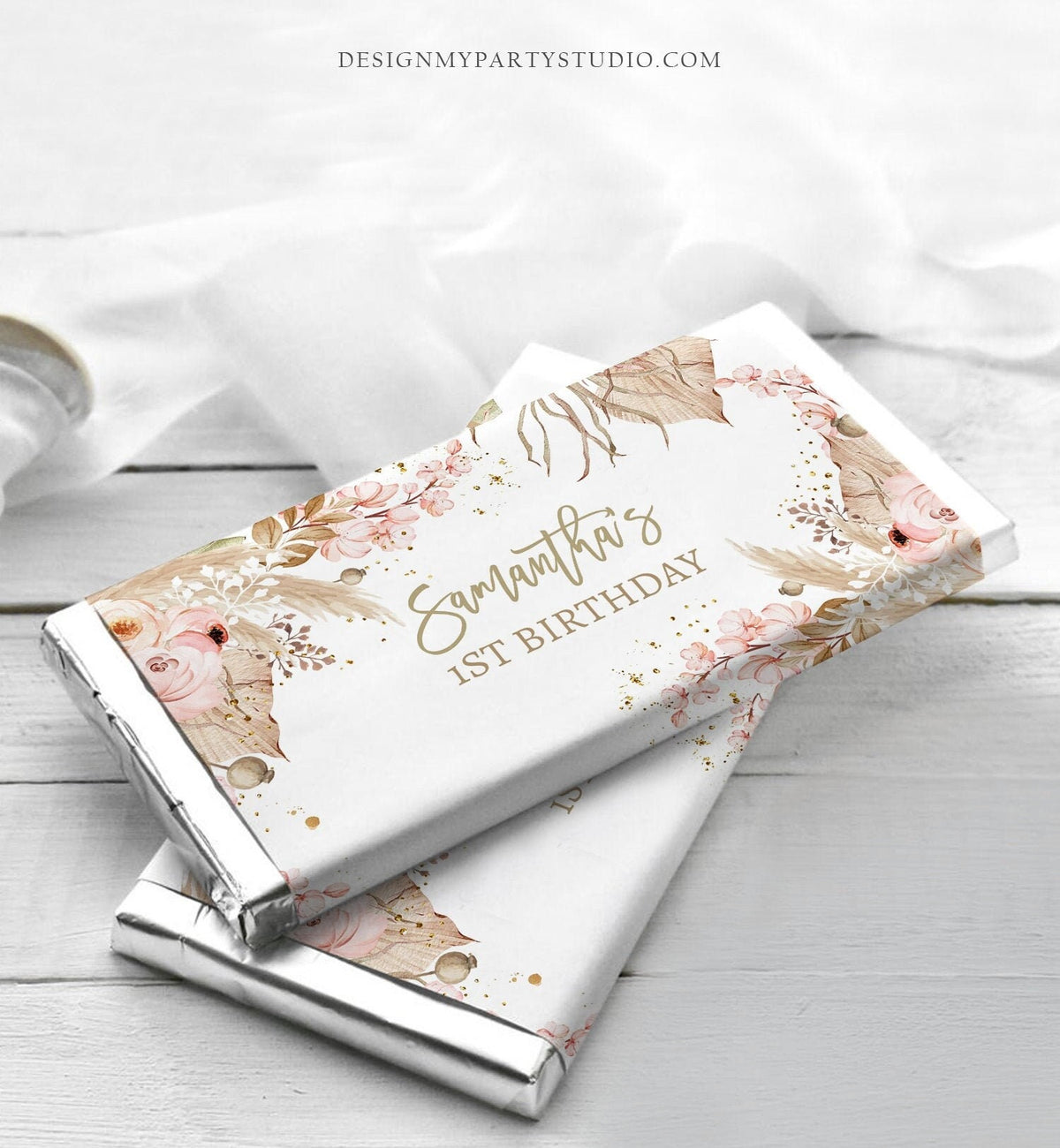 Editable Candy Bar Wrapper Pampas Grass 1st Birthday Wrapper Boho Birthday Favors Party Girl Digital Download Template Printable 0395
