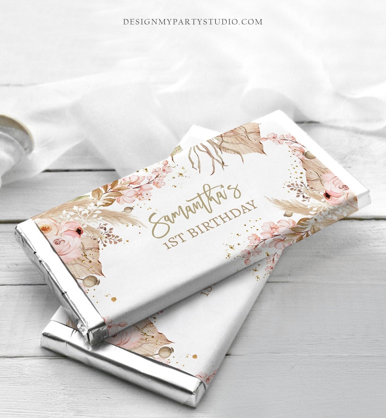 Editable Candy Bar Wrapper Pampas Grass 1st Birthday Wrapper Boho Birthday Favors Party Girl Digital Download Template Printable 0395
