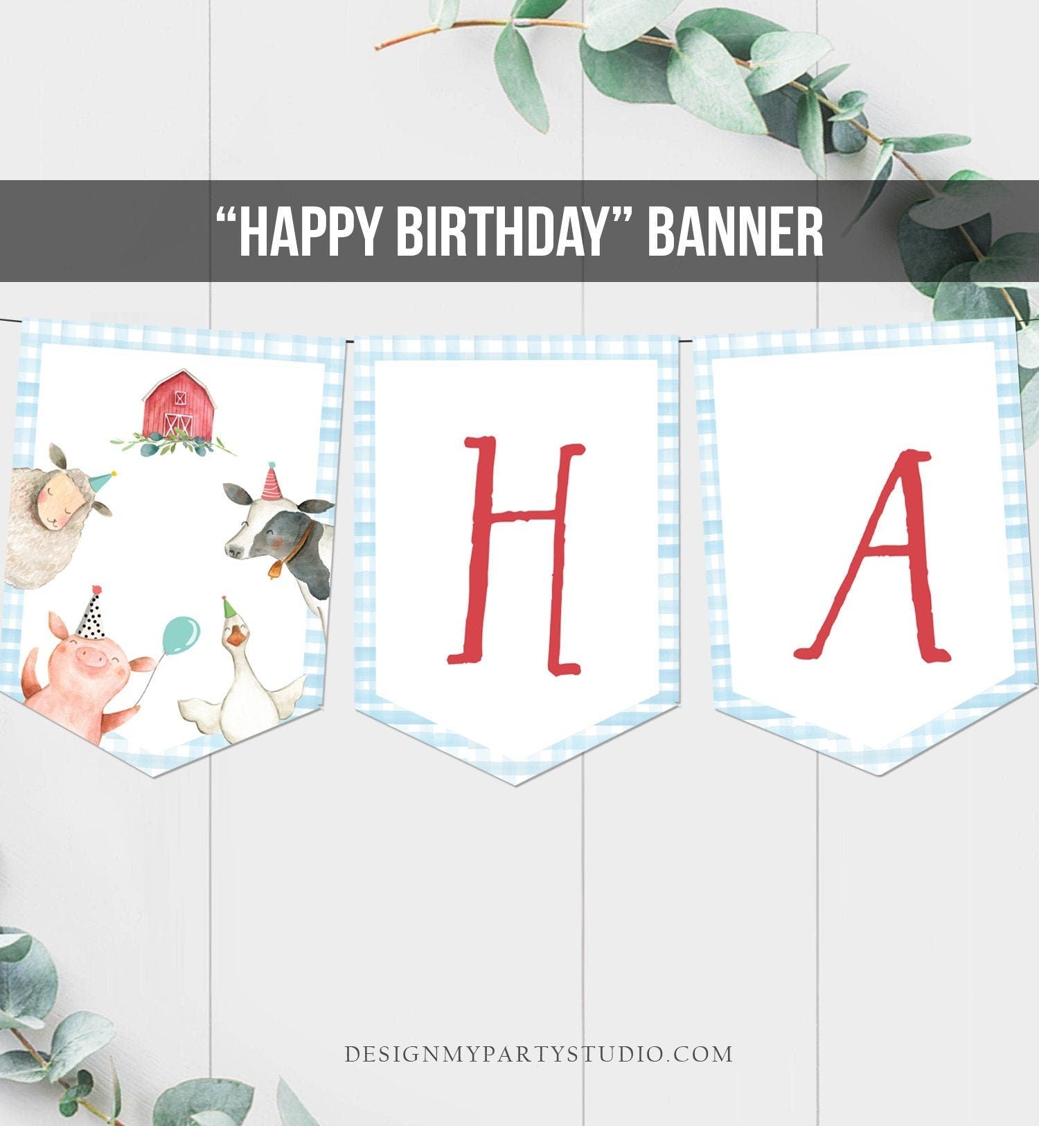 Happy Birthday Banner Farm Birthday Banner Farm Animals Boy Barnyard Birthday Decorations Blue Gingham Digital Download Printable 0155