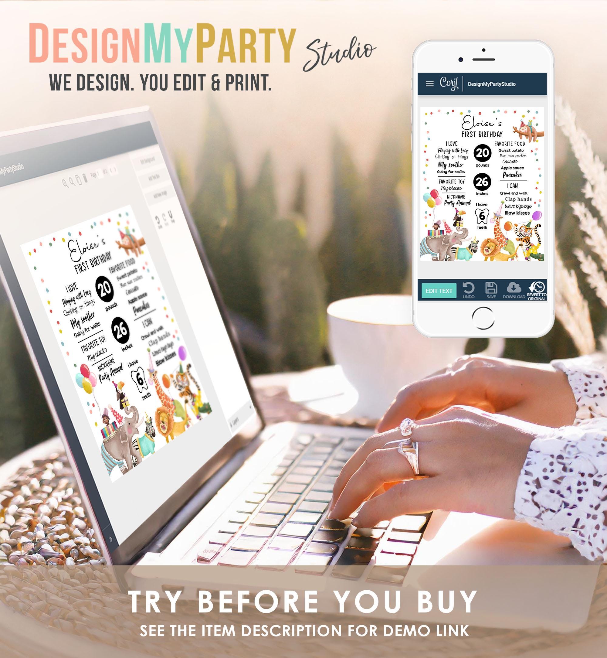 Editable Party Animals Birthday Milestones Girl Boy Wild One Animals Zoo Safari First Birthday 1st Digital Download Template Printable 0482