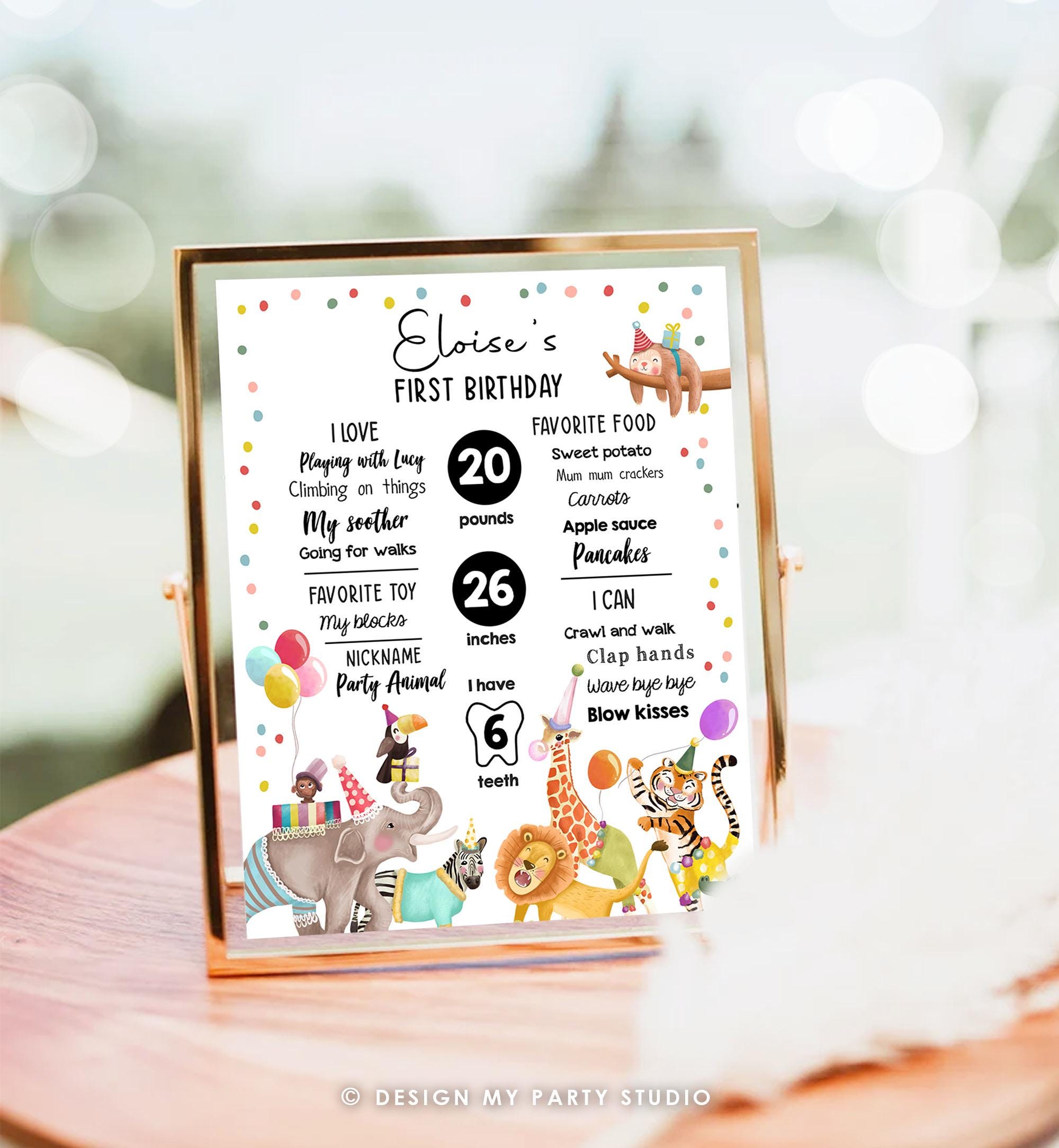 Editable Party Animals Birthday Milestones Girl Boy Wild One Animals Zoo Safari First Birthday 1st Digital Download Template Printable 0482