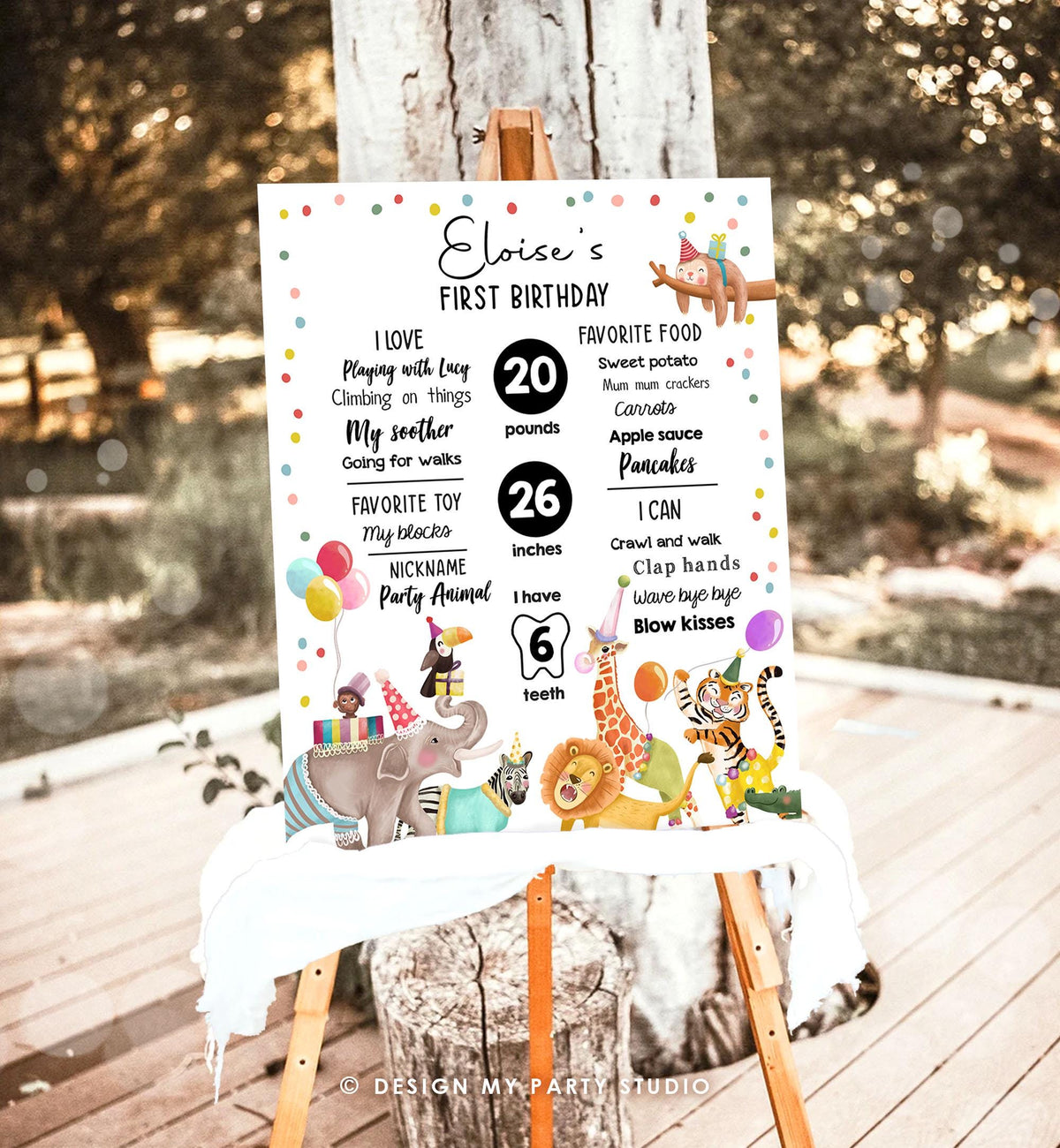 Editable Party Animals Birthday Milestones Girl Boy Wild One Animals Zoo Safari First Birthday 1st Digital Download Template Printable 0482
