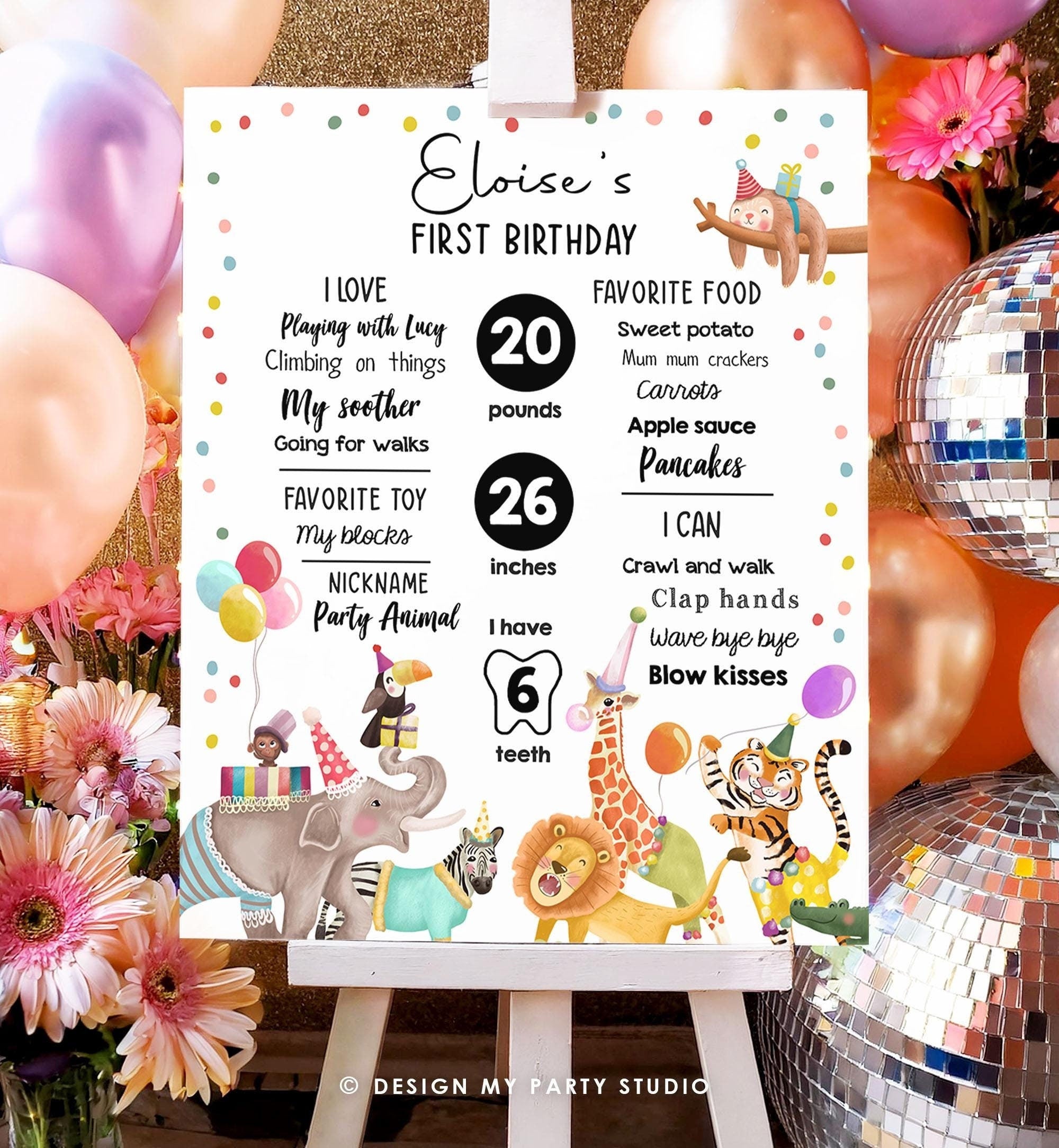 Editable Party Animals Birthday Milestones Girl Boy Wild One Animals Zoo Safari First Birthday 1st Digital Download Template Printable 0482