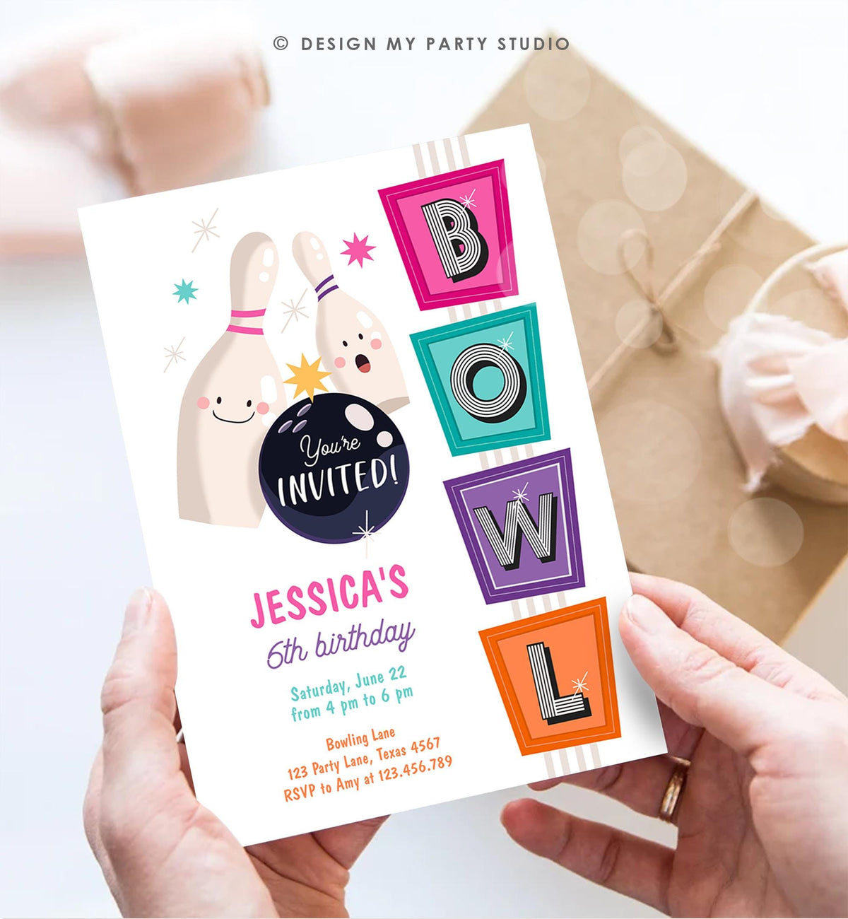 Editable Bowling Birthday Invitation Strike Up Some Fun Girl Pink Bowling Party Pizza Teen Retro Digital Download Template Printable 0505