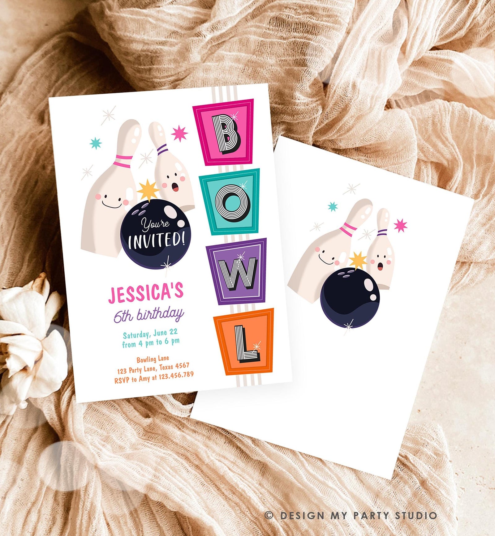 Editable Bowling Birthday Invitation Strike Up Some Fun Girl Pink Bowling Party Pizza Teen Retro Digital Download Template Printable 0505