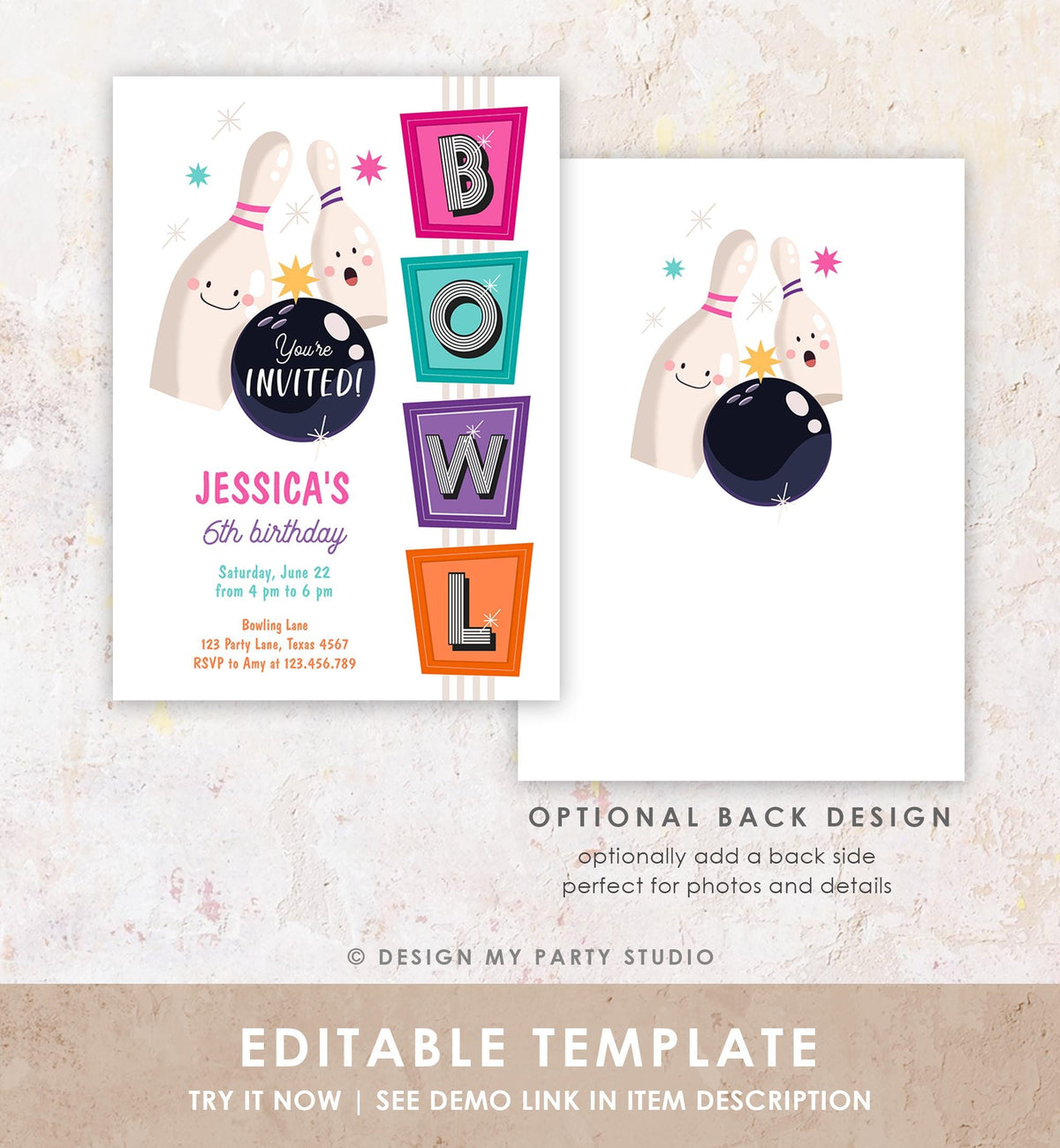 Editable Bowling Birthday Invitation Strike Up Some Fun Girl Pink Bowling Party Pizza Teen Retro Digital Download Template Printable 0505