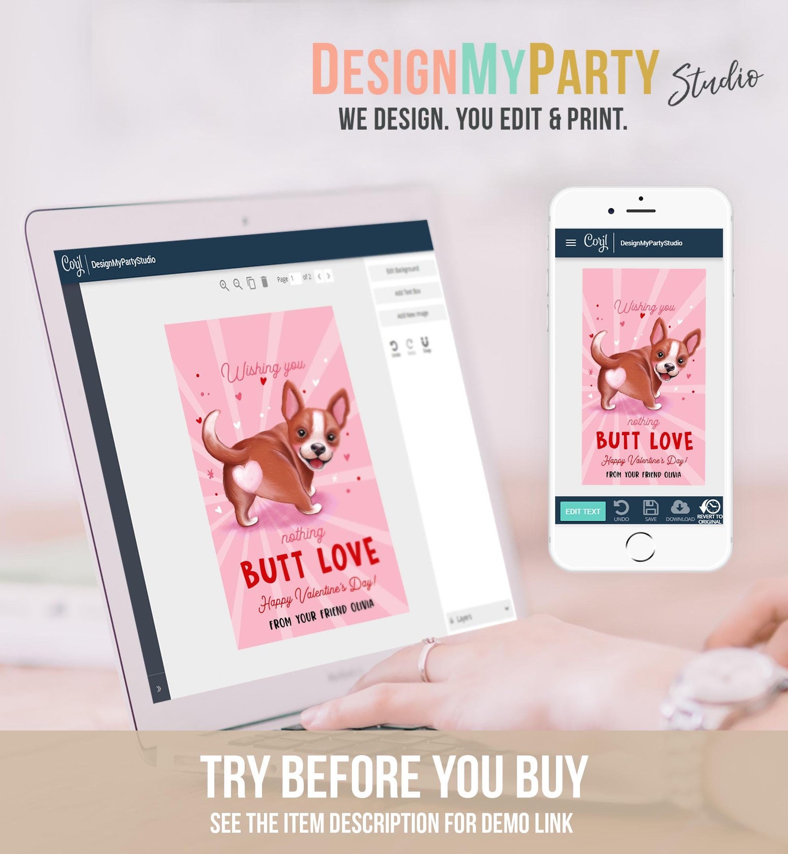 Editable Funny Valentine's Day Tag Nothing Butt Love Dog Puppy Valentine Gift Tag Kids School Classroom Card Digital Template Printable 0370