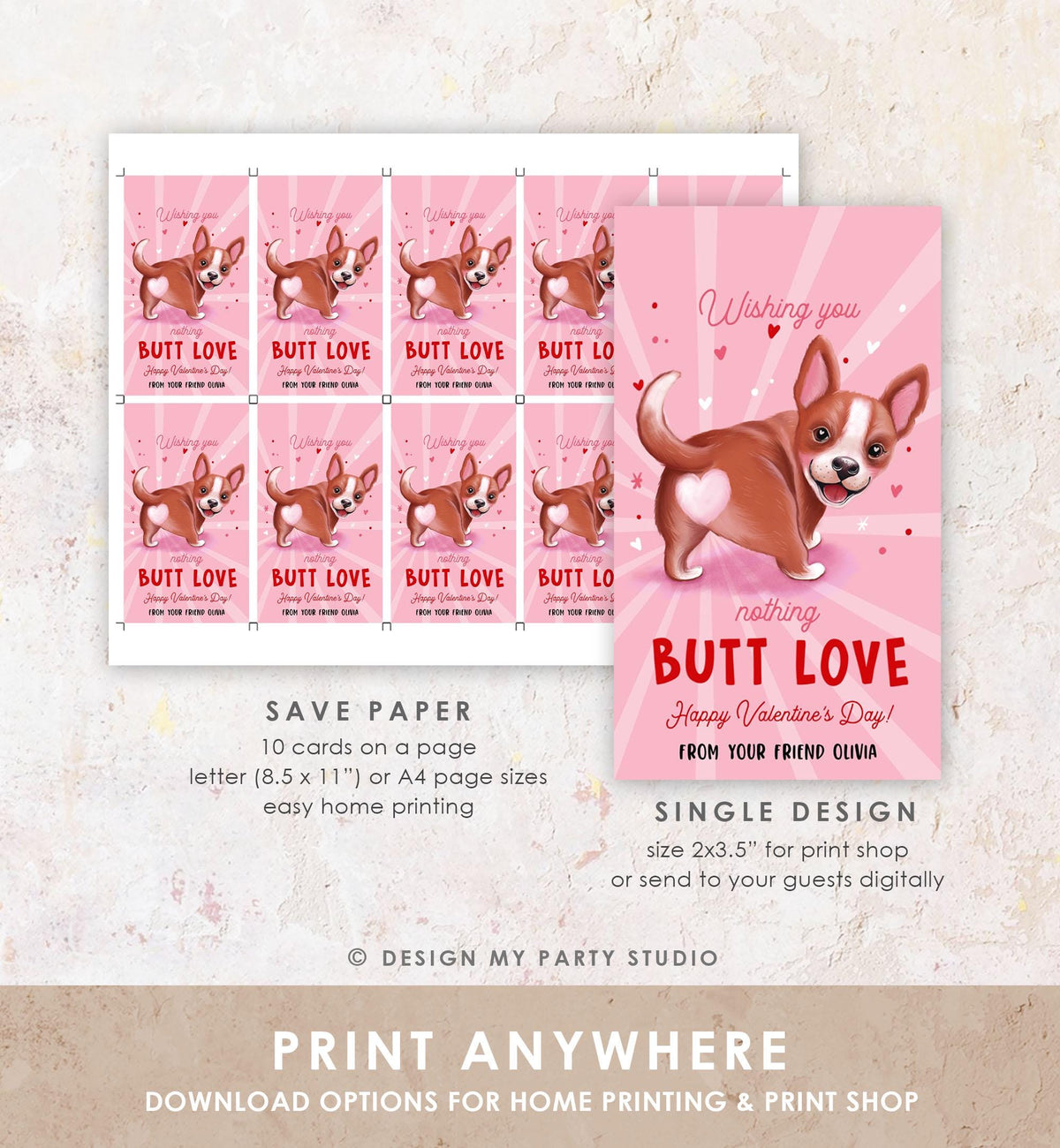 Editable Funny Valentine&#39;s Day Tag Nothing Butt Love Dog Puppy Valentine Gift Tag Kids School Classroom Card Digital Template Printable 0370