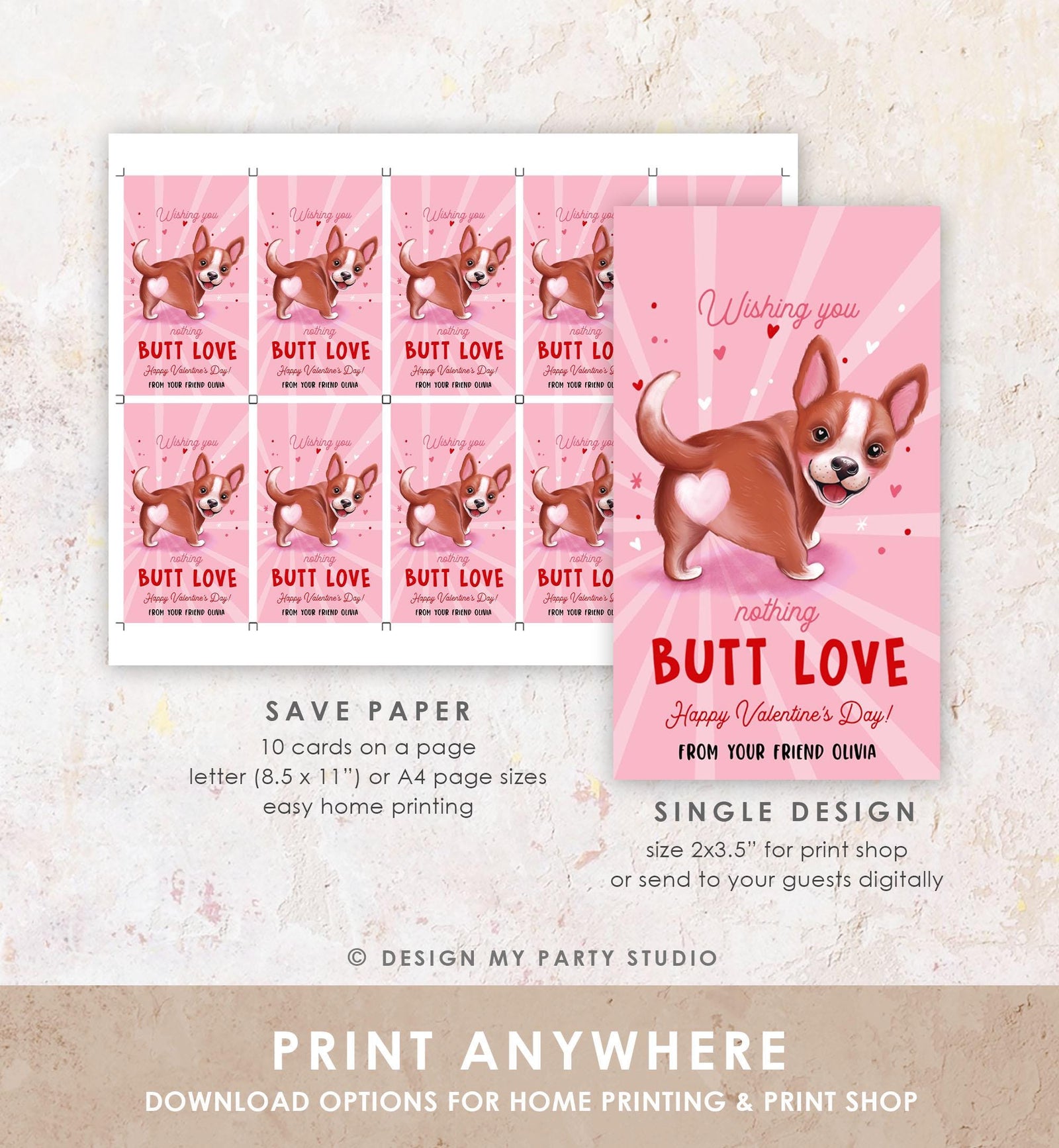 Editable Funny Valentine's Day Tag Nothing Butt Love Dog Puppy Valentine Gift Tag Kids School Classroom Card Digital Template Printable 0370