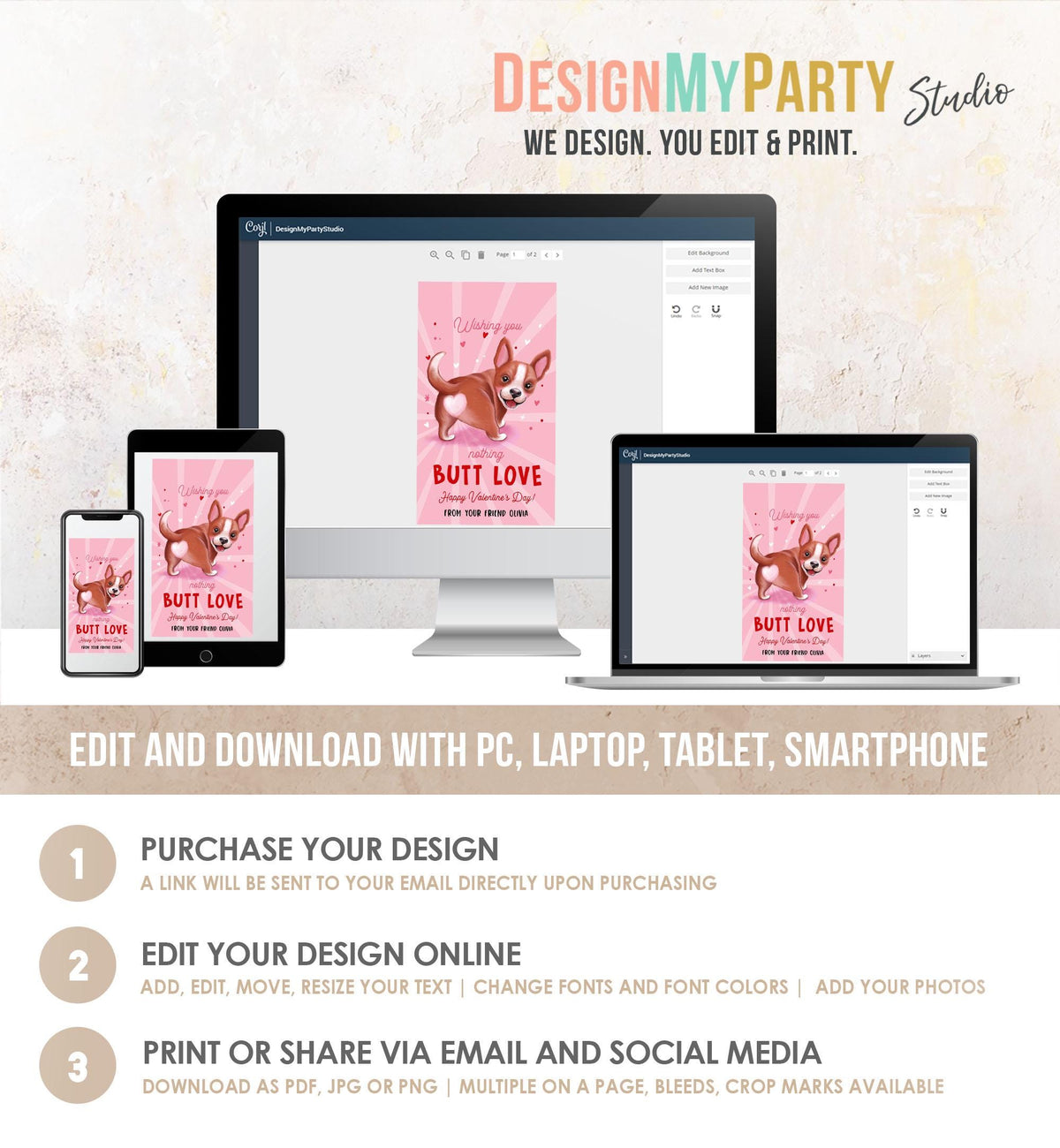 Editable Funny Valentine&#39;s Day Tag Nothing Butt Love Dog Puppy Valentine Gift Tag Kids School Classroom Card Digital Template Printable 0370