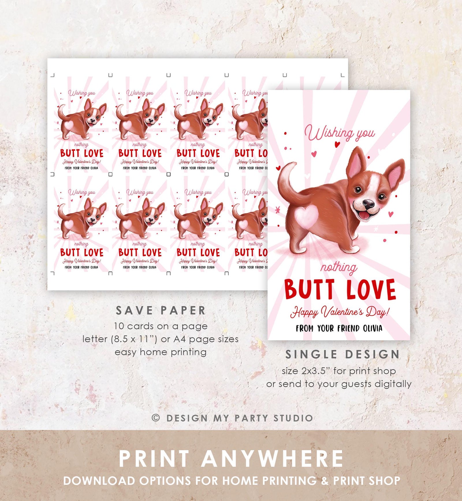 Editable Funny Valentine's Day Tag Nothing Butt Love Dog Puppy Valentine Gift Tag Kids School Classroom Card Digital Template Printable 0370