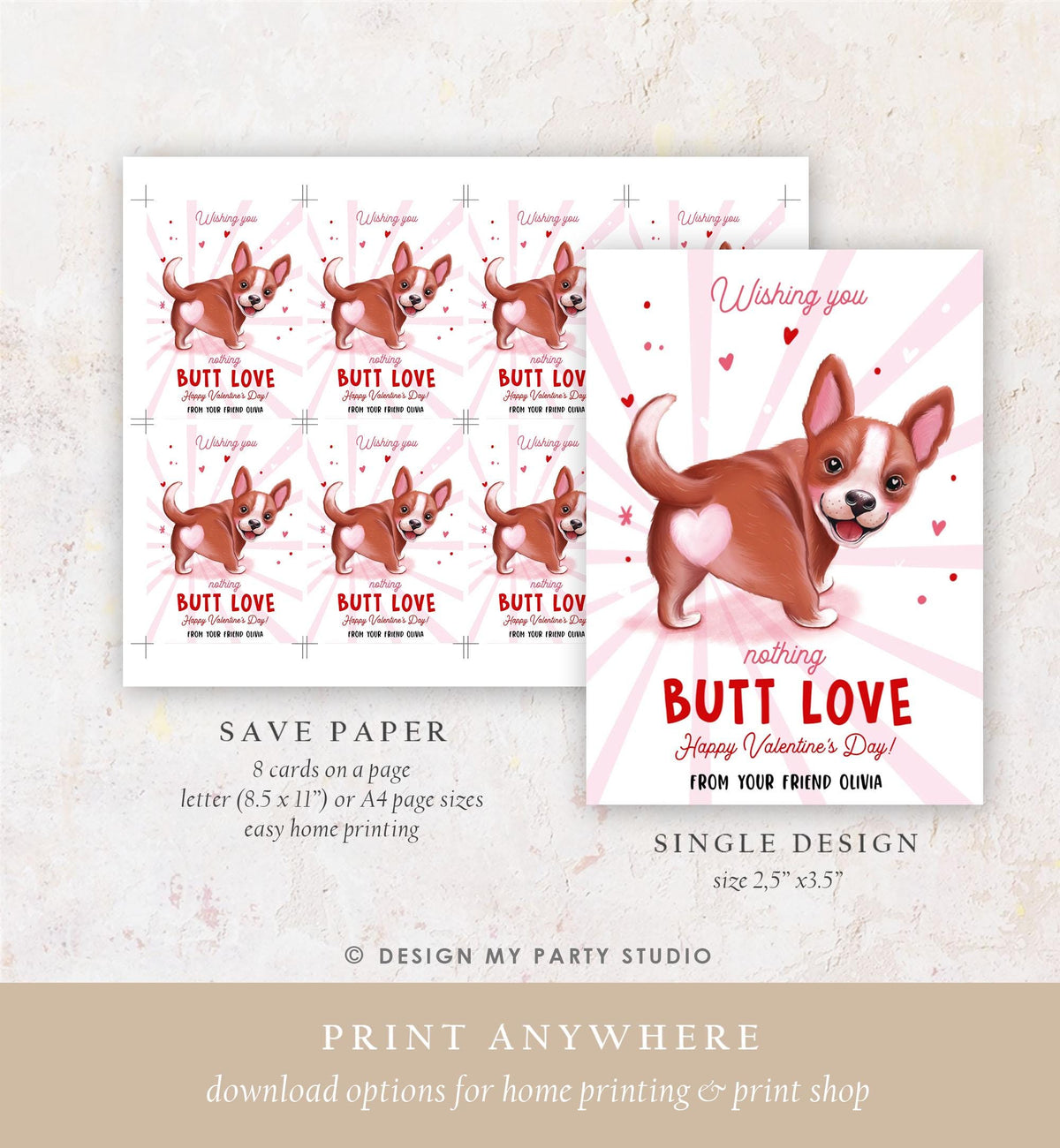 Editable Funny Valentine&#39;s Day Tag Butt Love Dog Puppy Valentine Gift Tag Kids School Classroom Card Digital Template Printable 0370