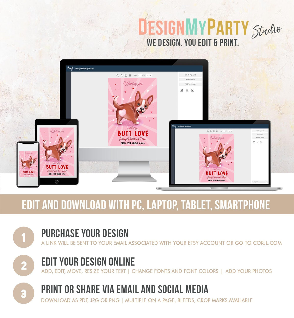 Editable Funny Valentine&#39;s Day Tag Butt Love Dog Puppy Valentine Gift Tag Kids School Classroom Card Digital Template Printable 0370