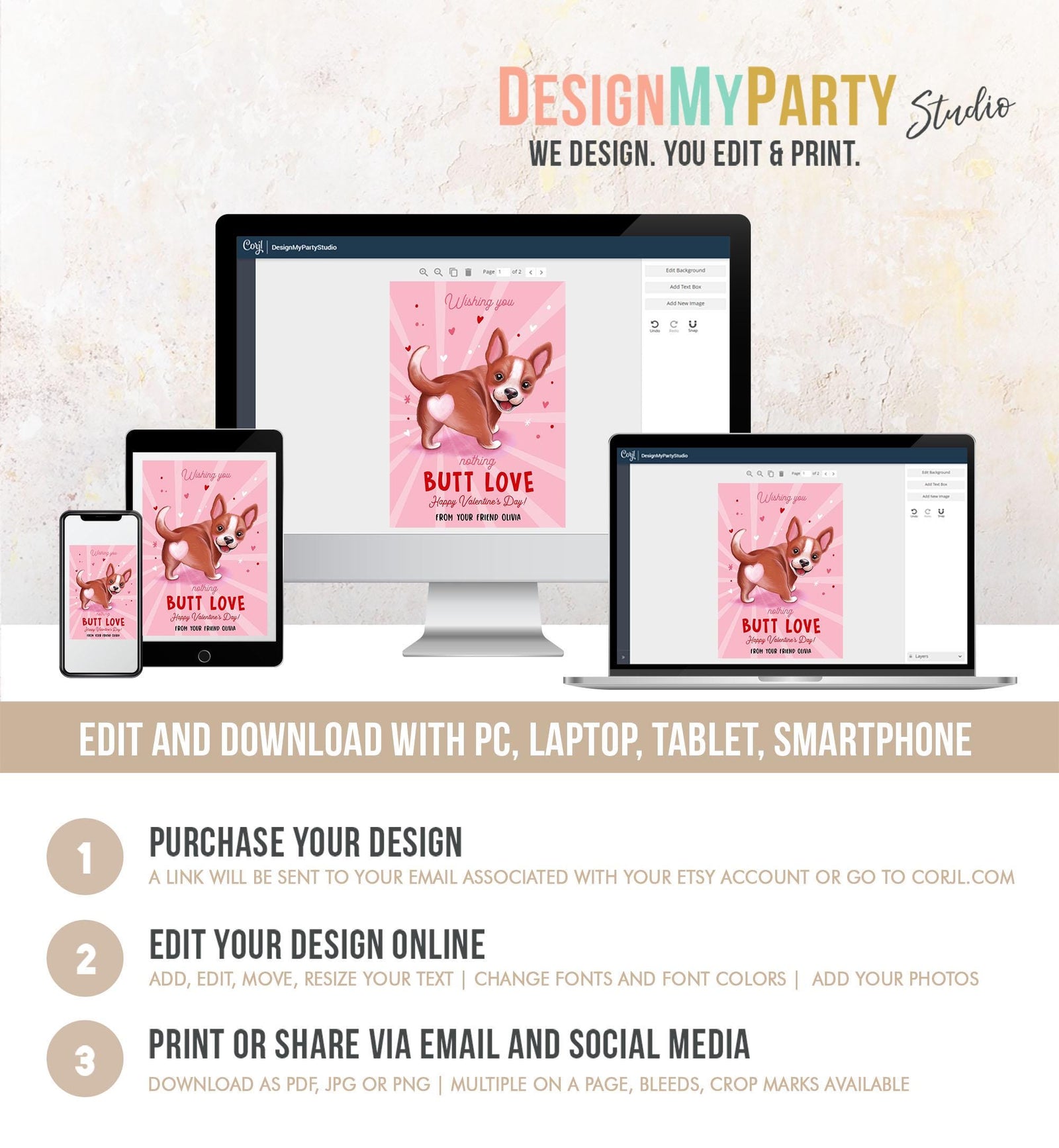 Editable Funny Valentine's Day Tag Butt Love Dog Puppy Valentine Gift Tag Kids School Classroom Card Digital Template Printable 0370