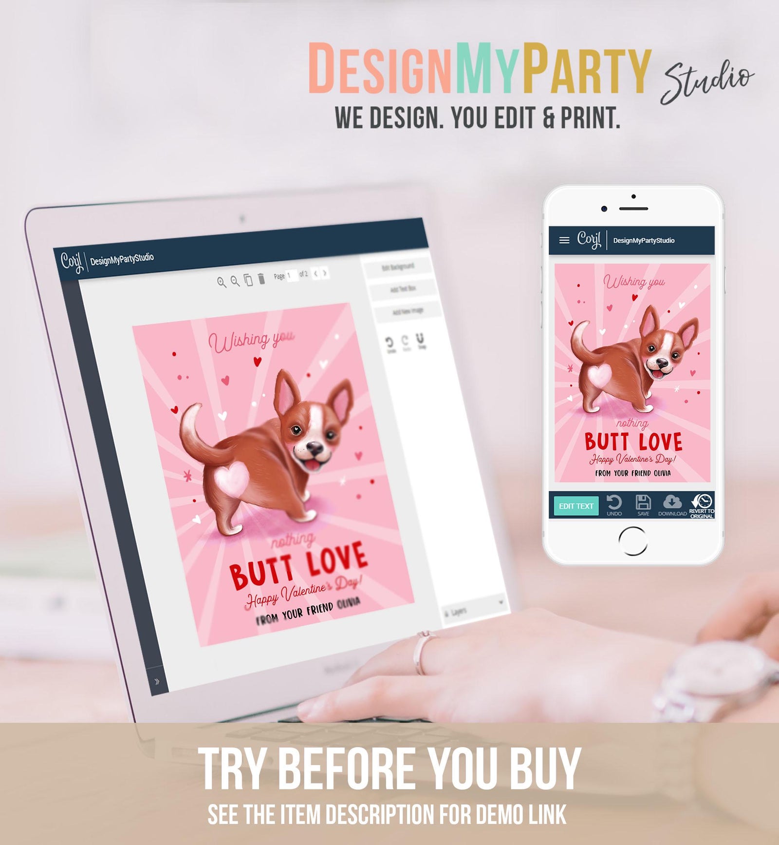 Editable Funny Valentine's Day Tag Butt Love Dog Puppy Valentine Gift Tag Kids School Classroom Card Digital Template Printable 0370