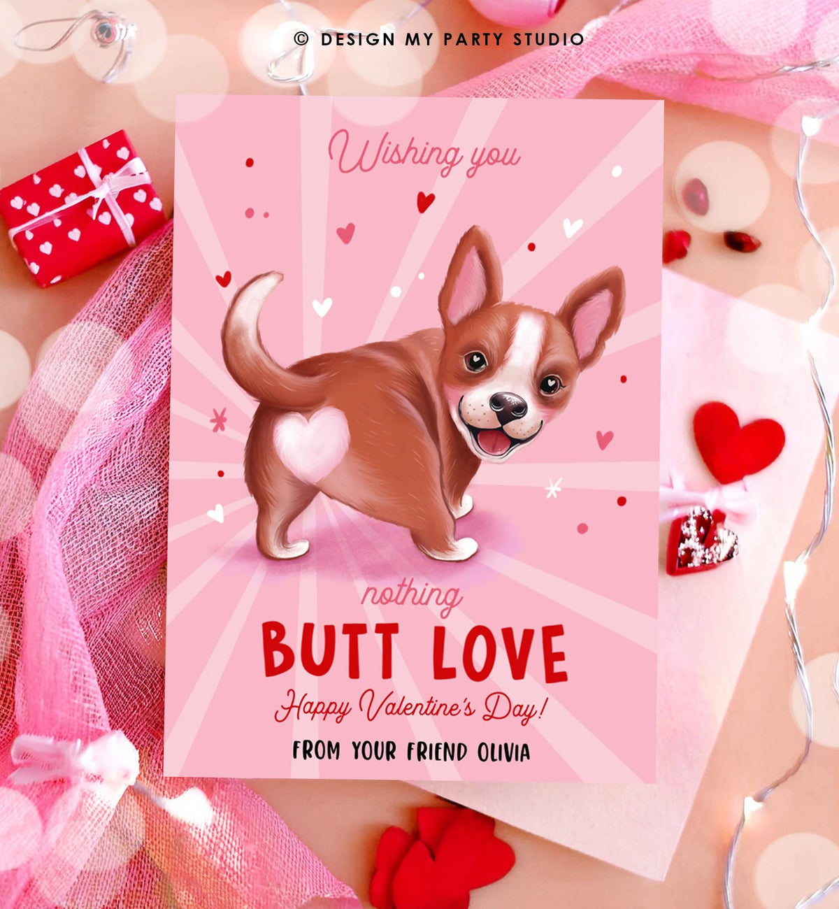 Editable Funny Valentine&#39;s Day Tag Butt Love Dog Puppy Valentine Gift Tag Kids School Classroom Card Digital Template Printable 0370