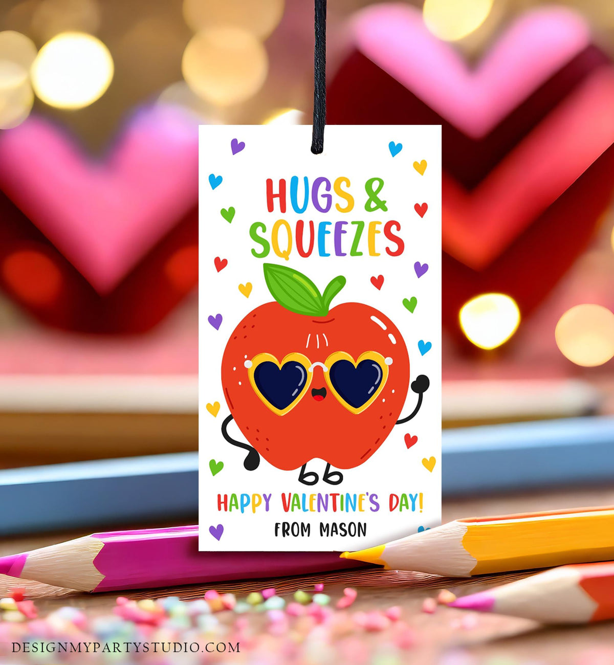 Editable Hugs and Squeezes Valentines Day Gift Tag Applesauce Fruit Juice Pouch Favor Kids School Classroom Template Printable 0370