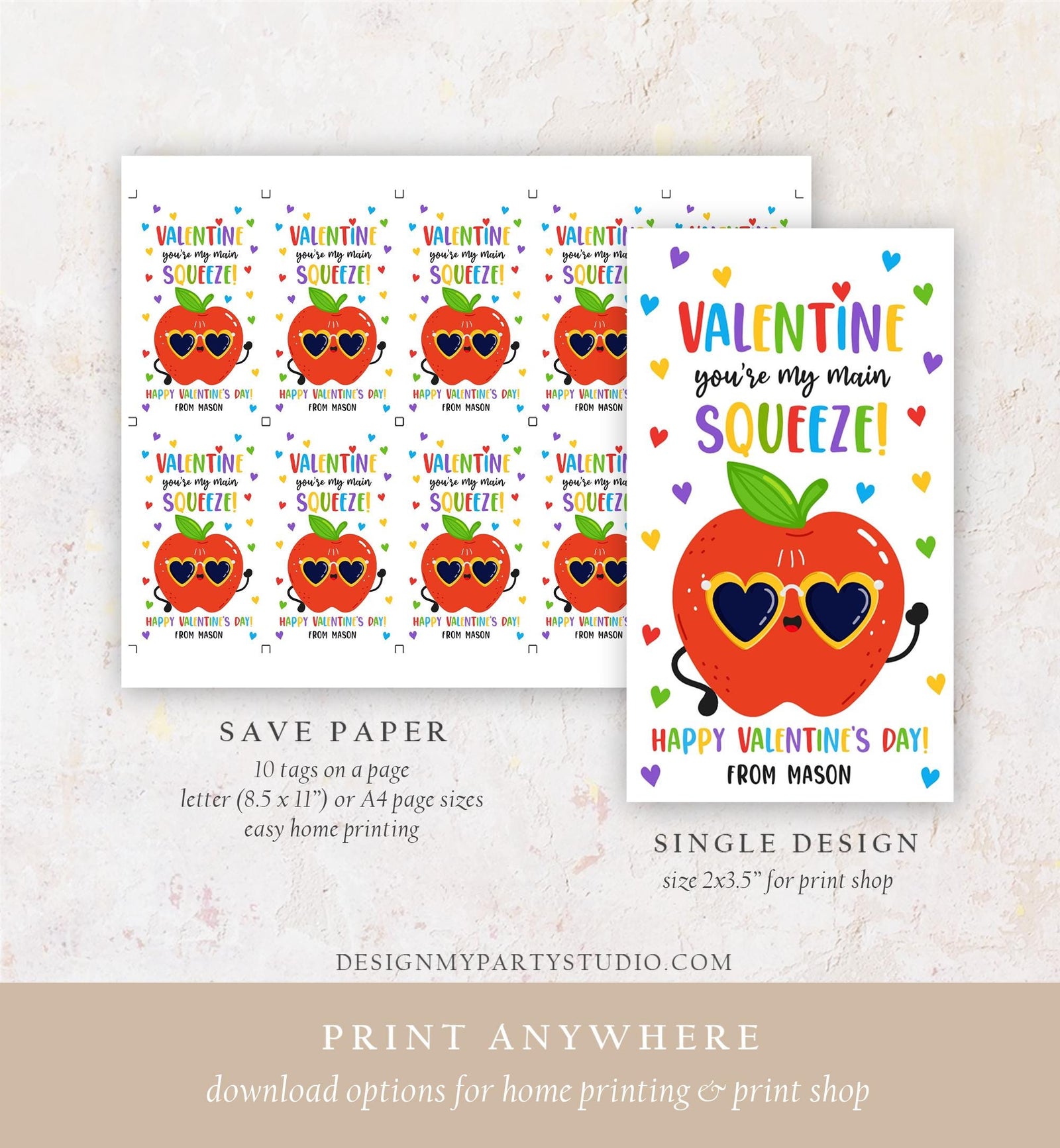 Editable Valentine Main Squeeze Valentines Day Gift Tag Applesauce Fruit Juice Pouch Favor Kids School Classroom Template Printable 0370
