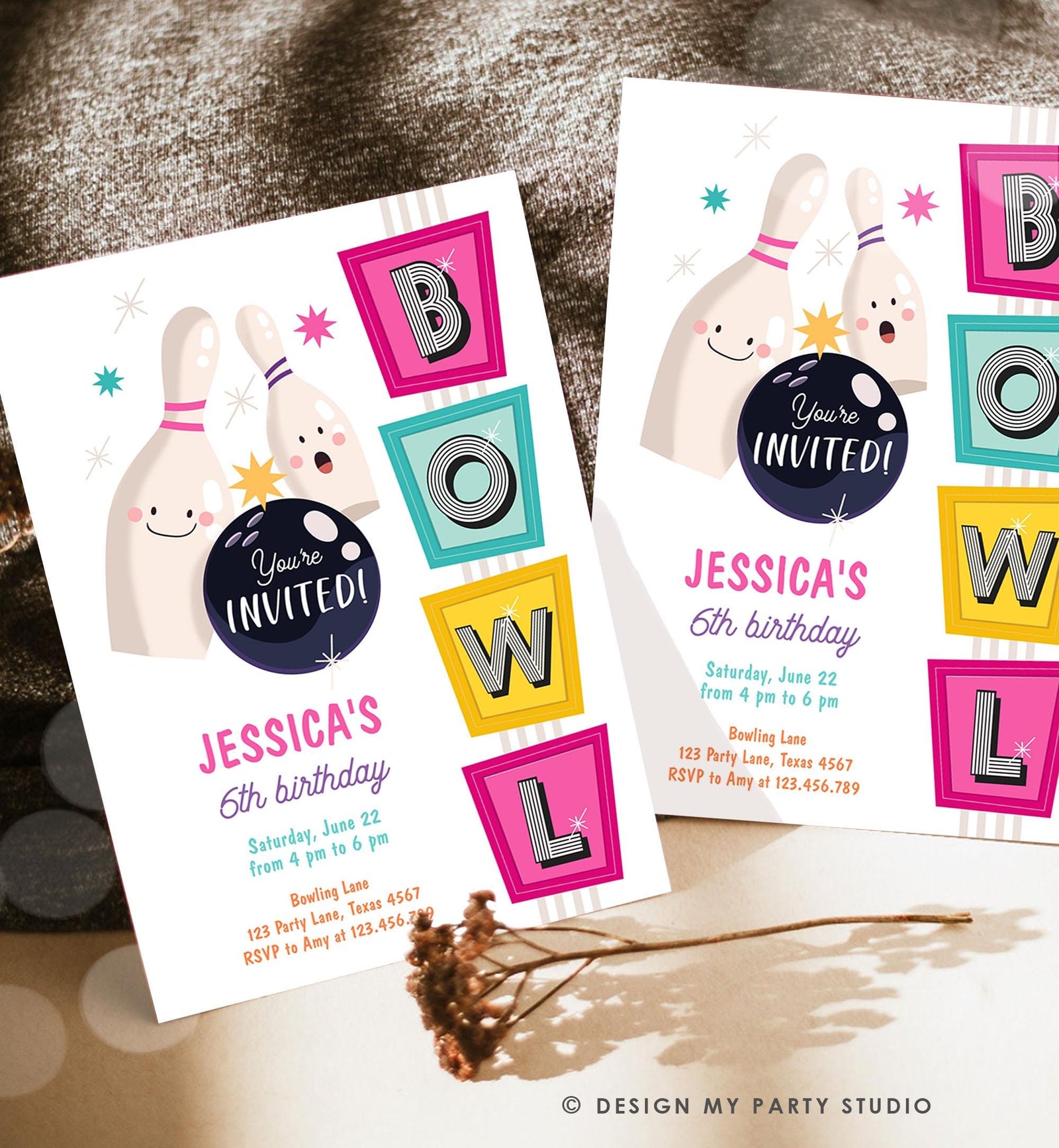 Editable Bowling Birthday Invitation Strike Up Some Fun Girl Pink Bowling Party Pizza Teen Retro Digital Download Template Printable 0505