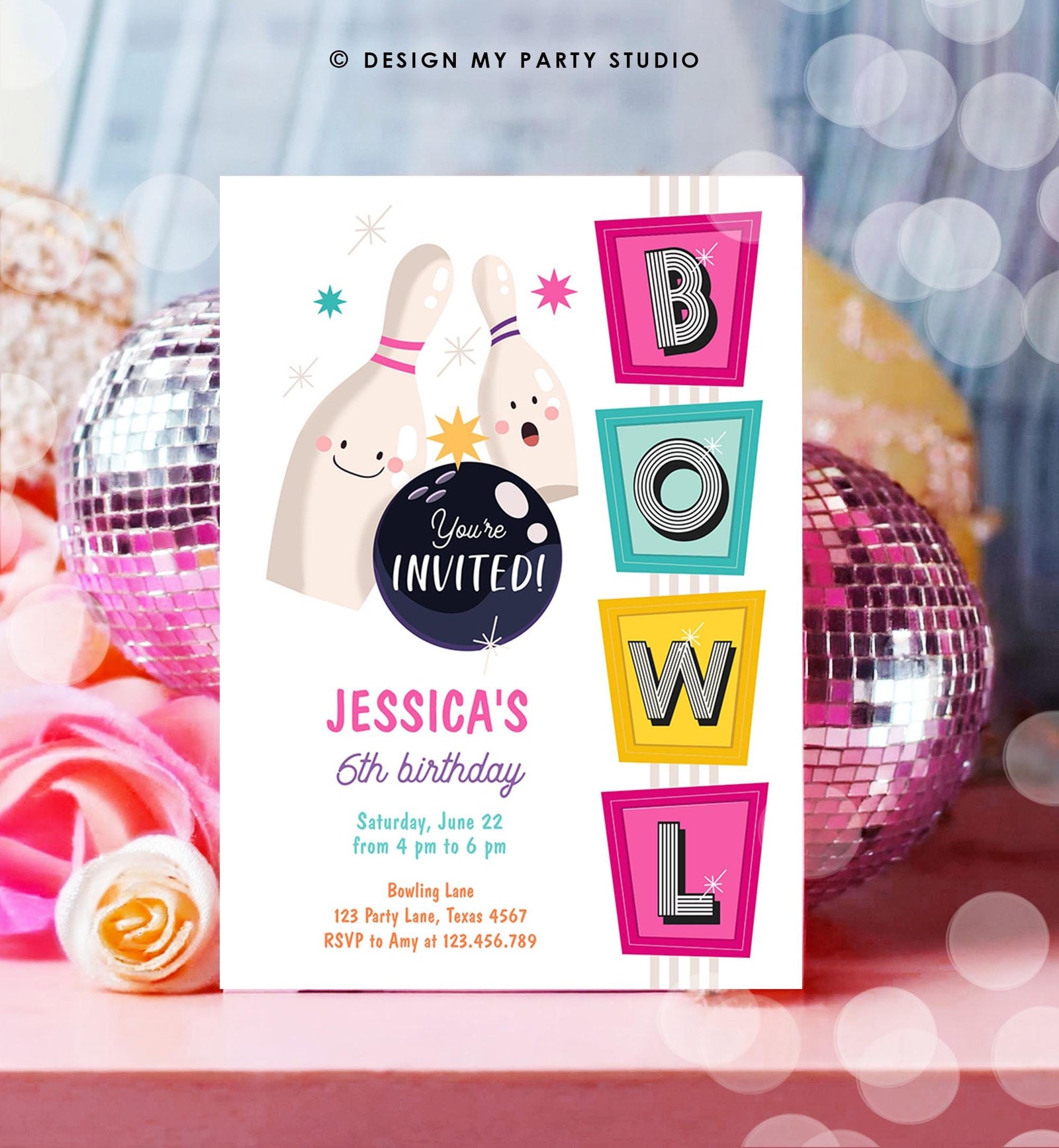 Editable Bowling Birthday Invitation Strike Up Some Fun Girl Pink Bowling Party Pizza Teen Retro Digital Download Template Printable 0505