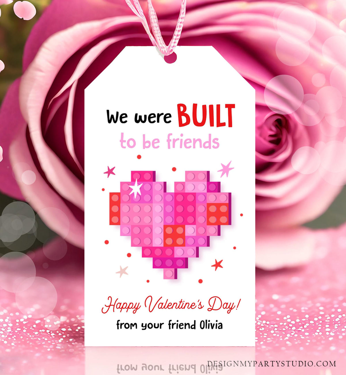 Editable Valentines Day Gift Tag Building Blocks Non Candy Treat Built To Be Friends Kids School Classroom Download Template Printable 0370