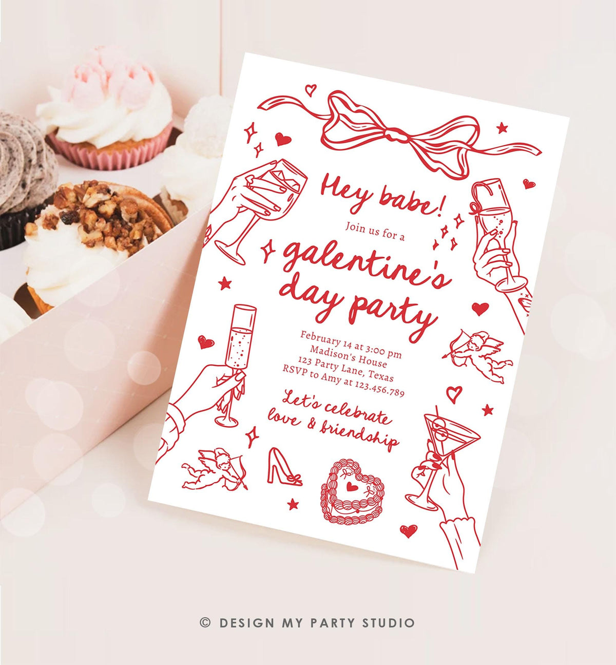 Editable Galentine&#39;s Day Invitation Galentines Party Valentine Friends Girls Night Hand Drawn Coquette Bow Cupid Evite Template Digital 0530
