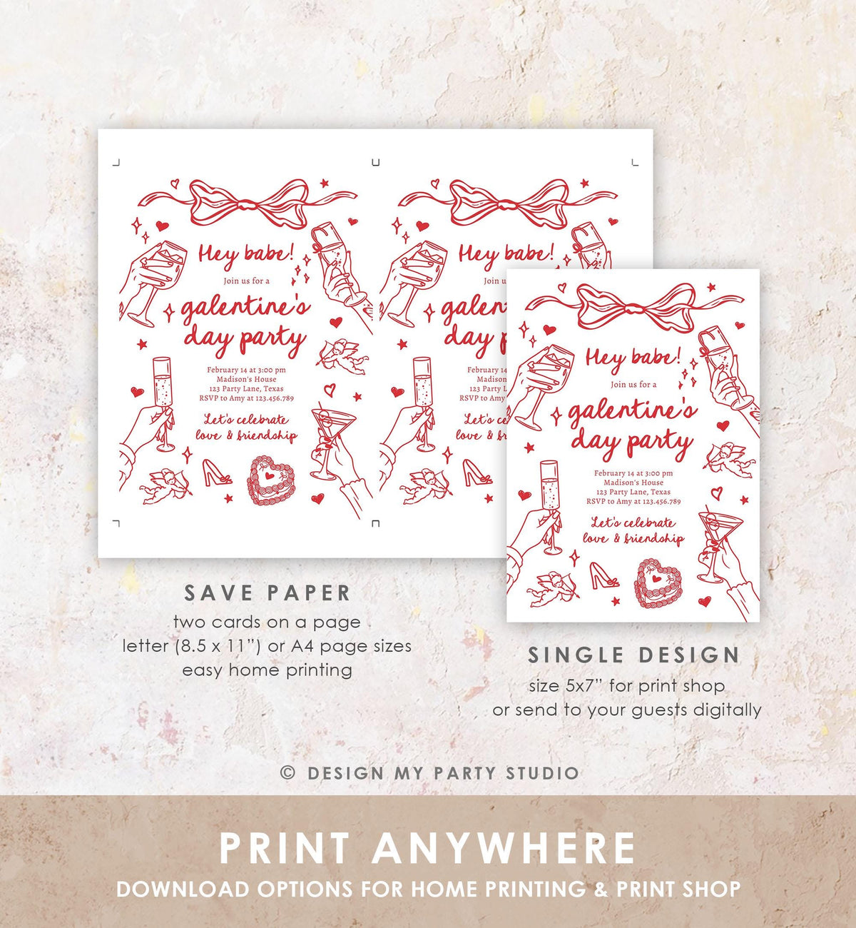 Editable Galentine&#39;s Day Invitation Galentines Party Valentine Friends Girls Night Hand Drawn Coquette Bow Cupid Evite Template Digital 0530