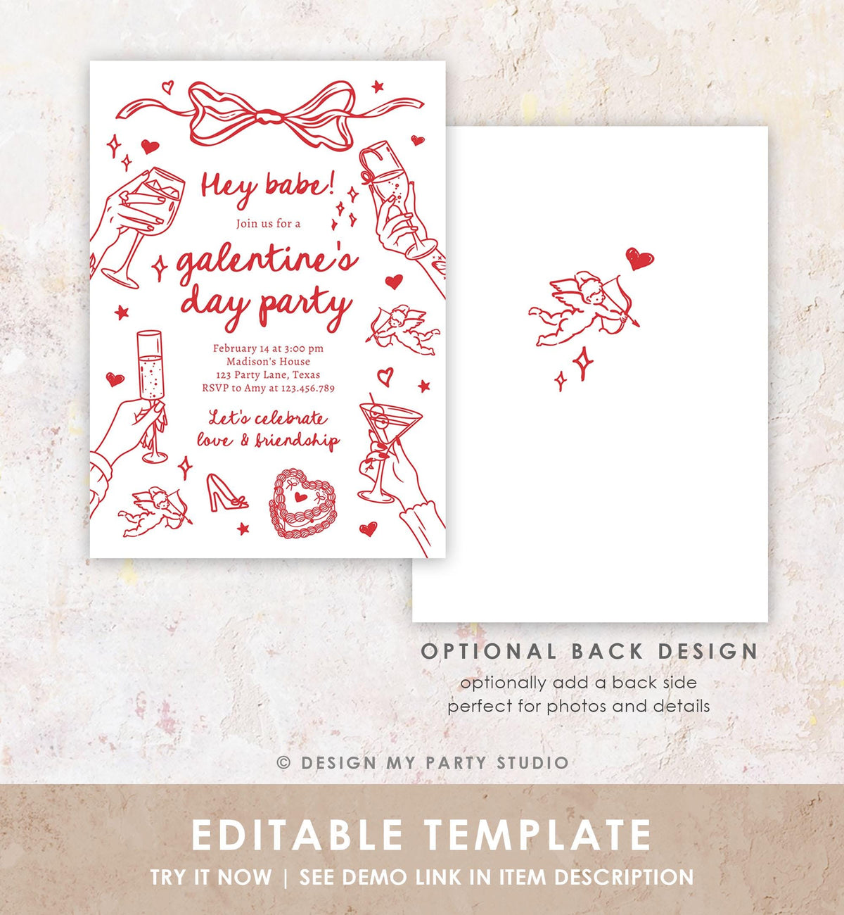 Editable Galentine&#39;s Day Invitation Galentines Party Valentine Friends Girls Night Hand Drawn Coquette Bow Cupid Evite Template Digital 0530