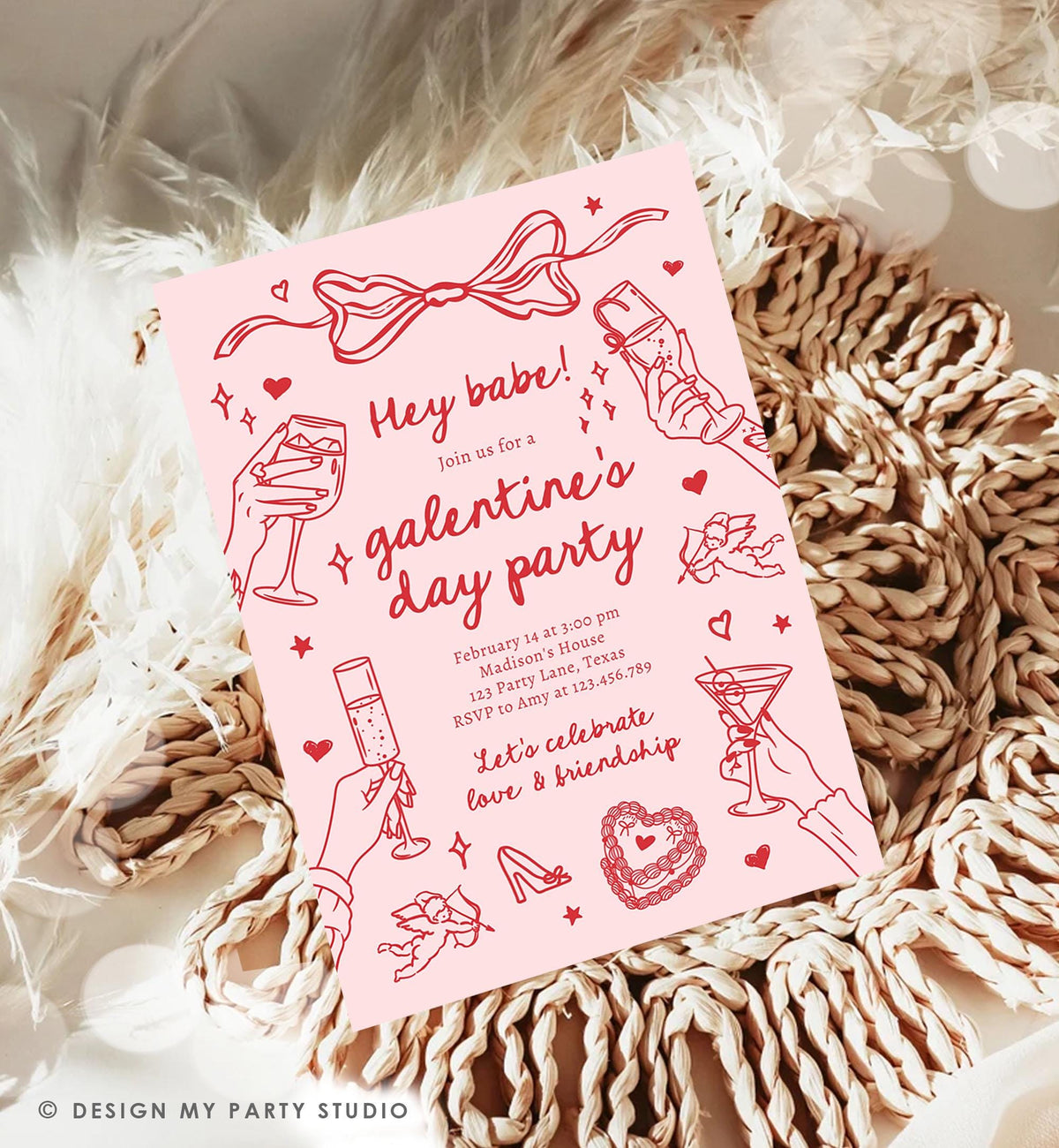 Editable Galentine&#39;s Day Invitation Galentines Party Valentine Friends Girls Night Hand Drawn Coquette Bow Cupid Evite Template Digital 0530