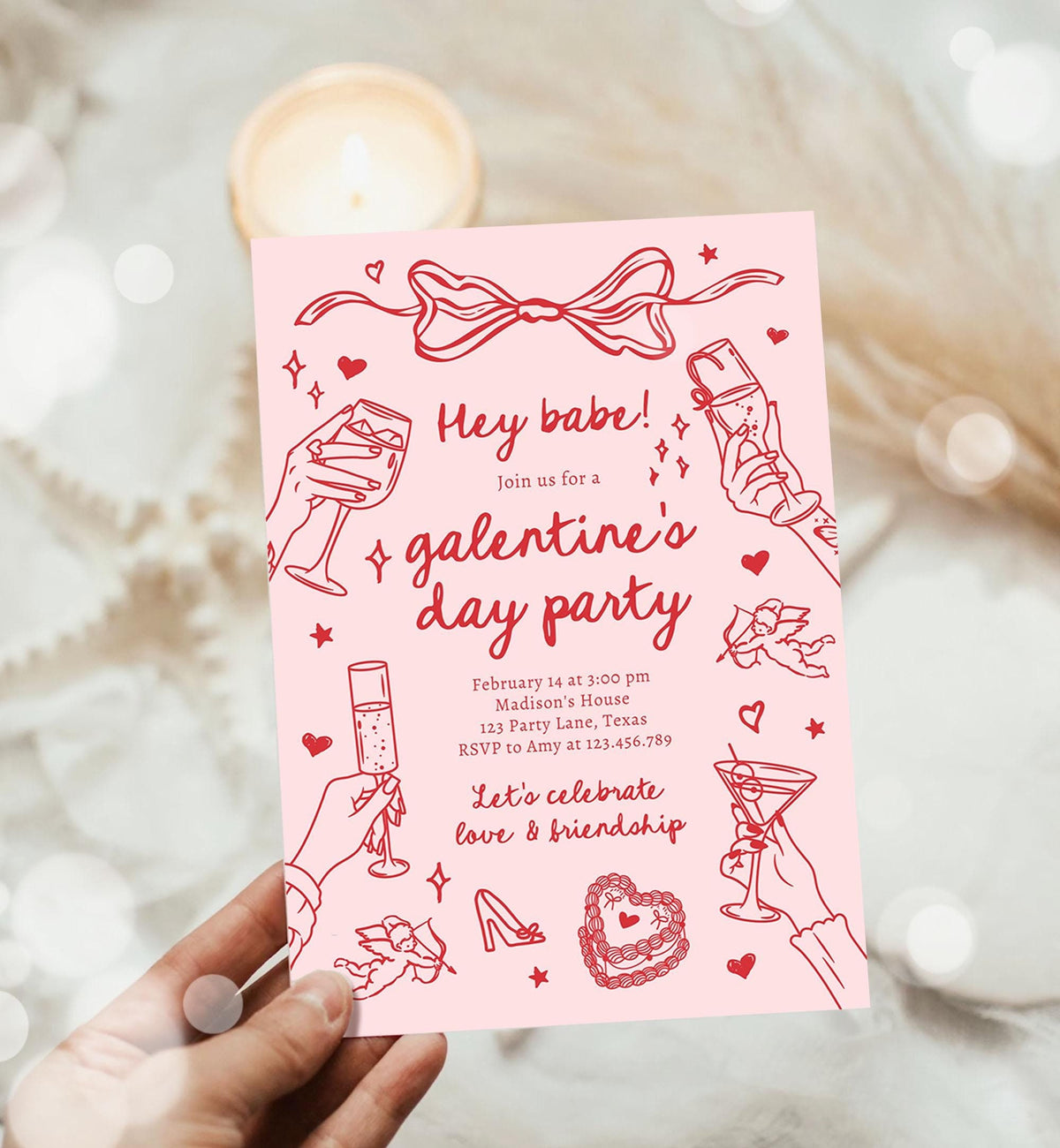 Editable Galentine&#39;s Day Invitation Galentines Party Valentine Friends Girls Night Hand Drawn Coquette Bow Cupid Evite Template Digital 0530