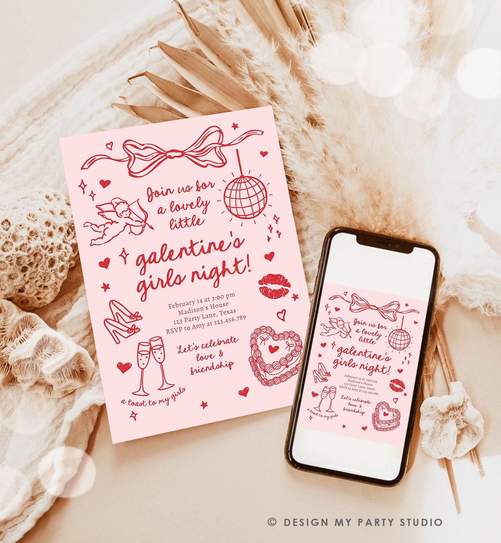 Editable Galentine's Day Invitation Galentines Girls Night Valentine Friends Hand Drawn Coquette Bow Cupid Evite Template Digital 0530
