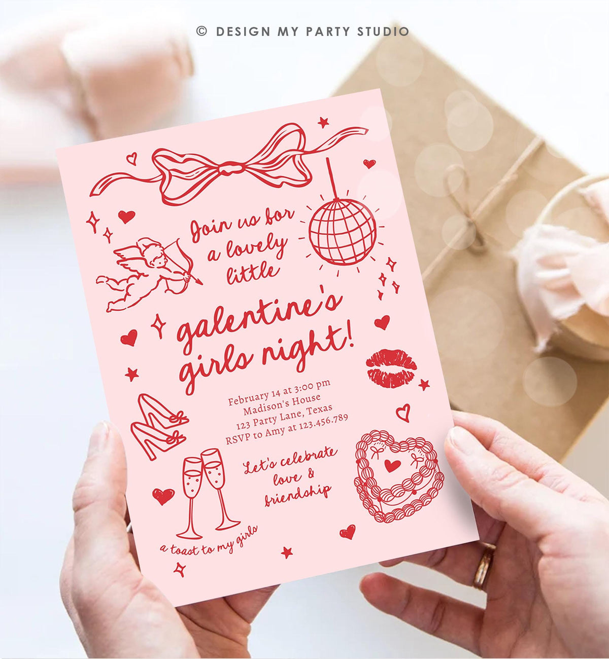 Editable Galentine&#39;s Day Invitation Galentines Girls Night Valentine Friends Hand Drawn Coquette Bow Cupid Evite Template Digital 0530
