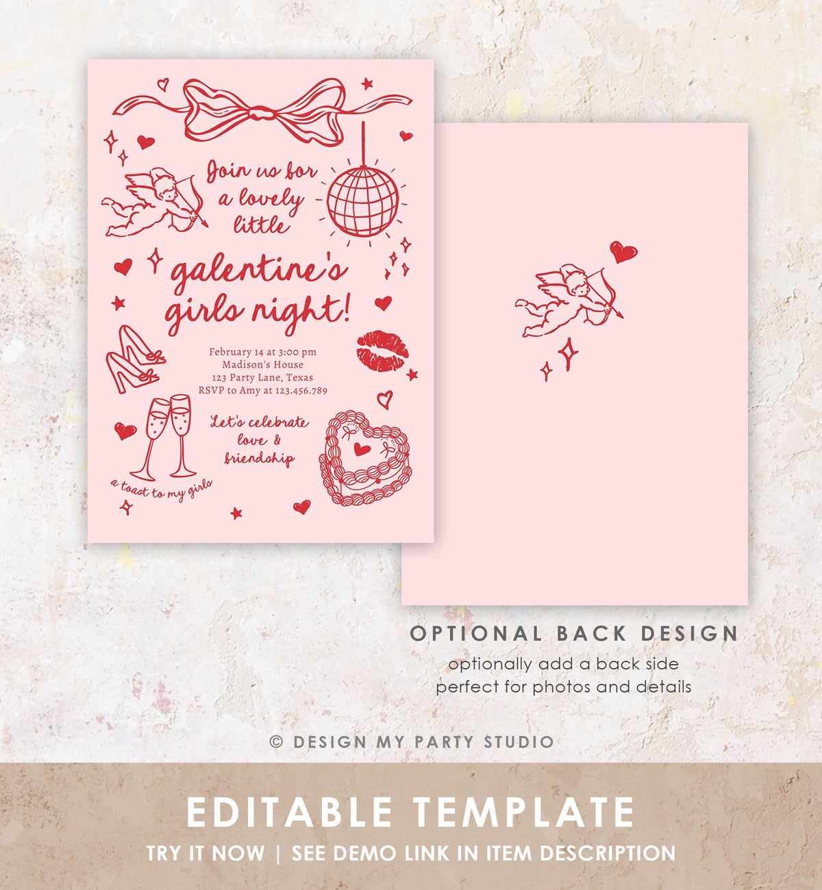 Editable Galentine&#39;s Day Invitation Galentines Girls Night Valentine Friends Hand Drawn Coquette Bow Cupid Evite Template Digital 0530