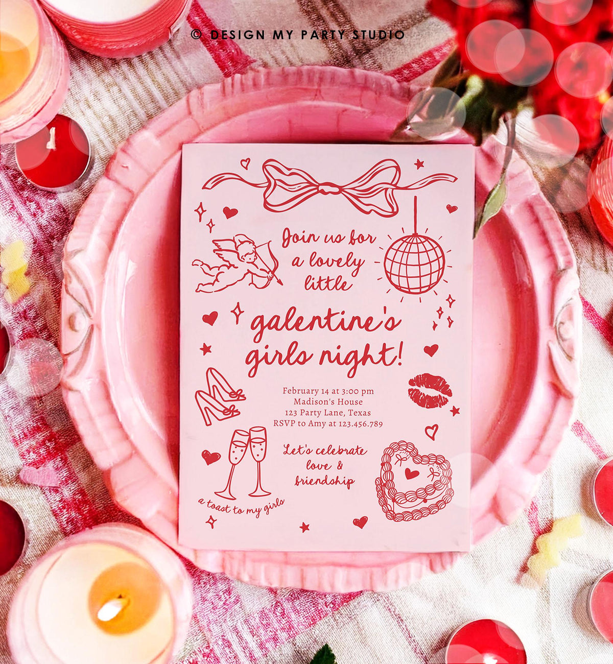 Editable Galentine&#39;s Day Invitation Galentines Girls Night Valentine Friends Hand Drawn Coquette Bow Cupid Evite Template Digital 0530