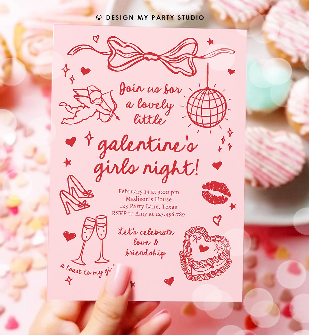 Editable Galentine&#39;s Day Invitation Galentines Girls Night Valentine Friends Hand Drawn Coquette Bow Cupid Evite Template Digital 0530