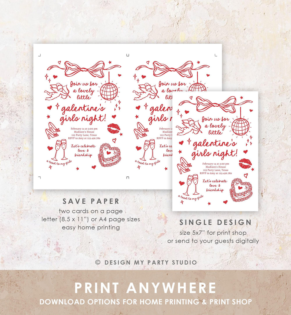 Editable Galentine&#39;s Day Invitation Galentines Girls Night Valentine Friends Hand Drawn Coquette Bow Cupid Evite Template Digital 0530