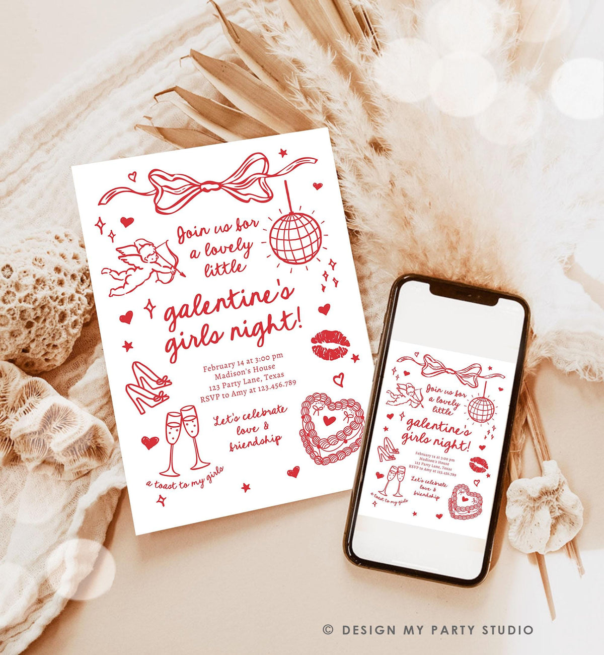 Editable Galentine&#39;s Day Invitation Galentines Girls Night Valentine Friends Hand Drawn Coquette Bow Cupid Evite Template Digital 0530
