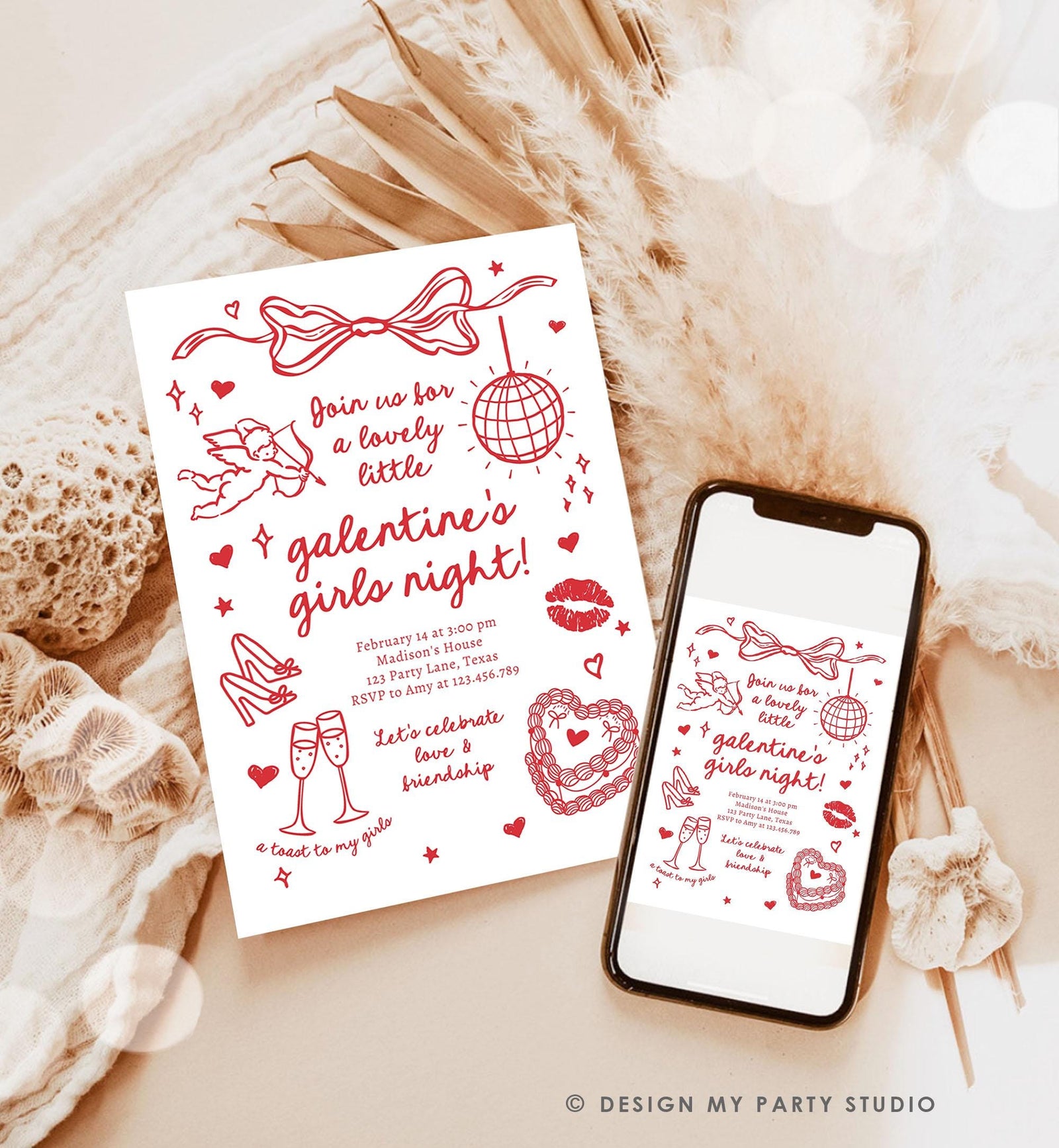 Editable Galentine's Day Invitation Galentines Girls Night Valentine Friends Hand Drawn Coquette Bow Cupid Evite Template Digital 0530